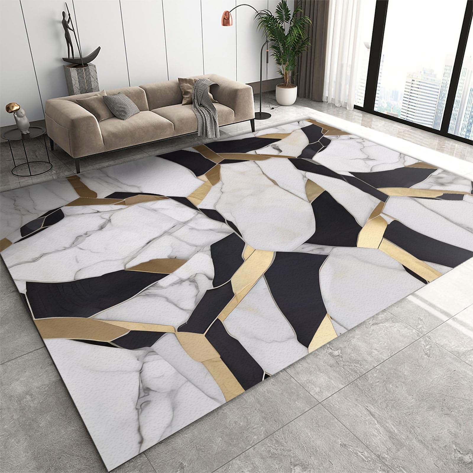3x5 Rug Minimalist Light Luxury Washable Rugs, Nordic Marble Irregular Geometry Bedroom Rugs with Non Slip Backing for Bedroom Hotel Hardwood Floors Garage Farmhouse