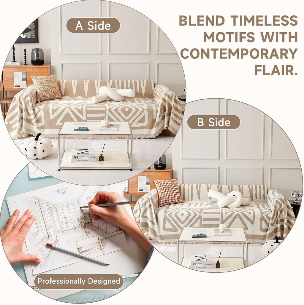 VClife Boho Couch Cover, Washable Sofa Cover for Dog, Non Slip Couch Covers for 3 Cushion Couch, Modern Khaki Creamy White Geometric Sofa Slipcovers Multi-Functional Furniture Protector 71'' x 134''