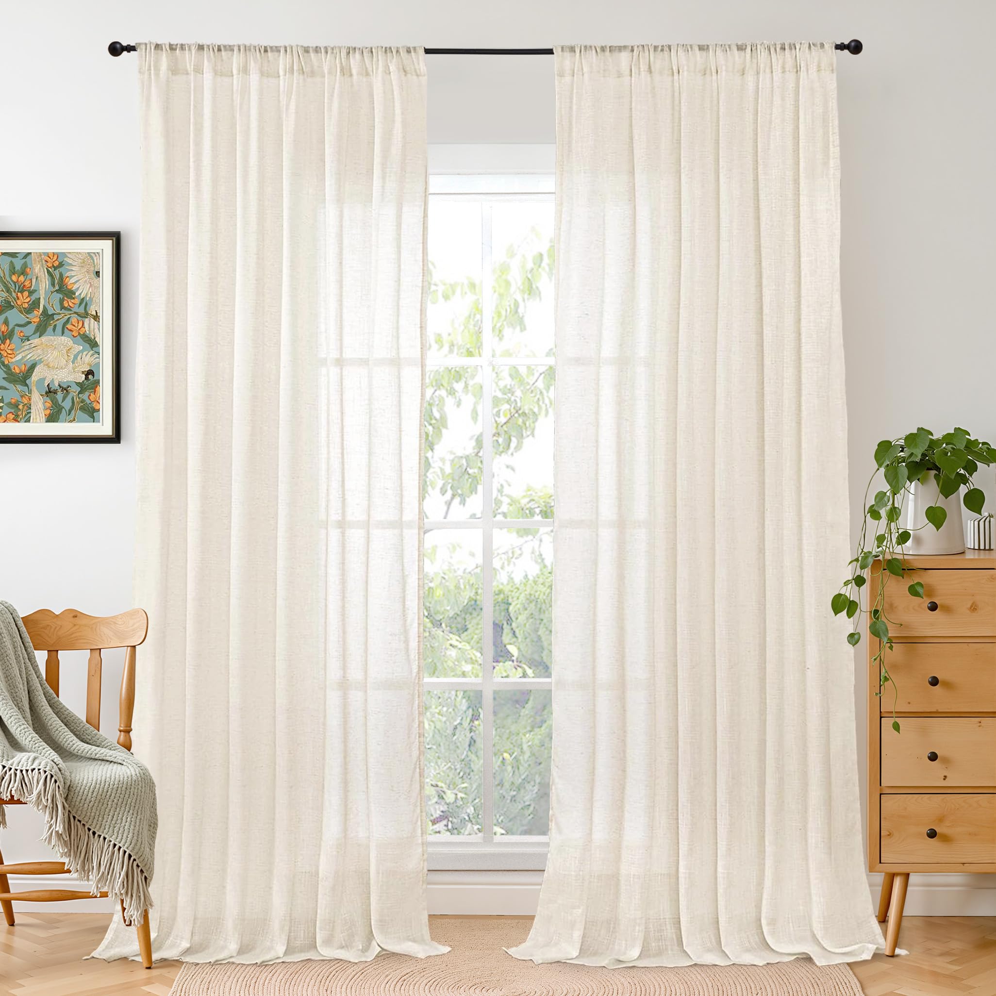 BGment 80 Inches Long Natural Linen Curtains 2 Panels Set - Burlap Light Filtering Window Drapes with Rod Pocket Semi Sheer for Farmhouse Bedroom Decor Rustic, 52 Inch Wide Each Panel
