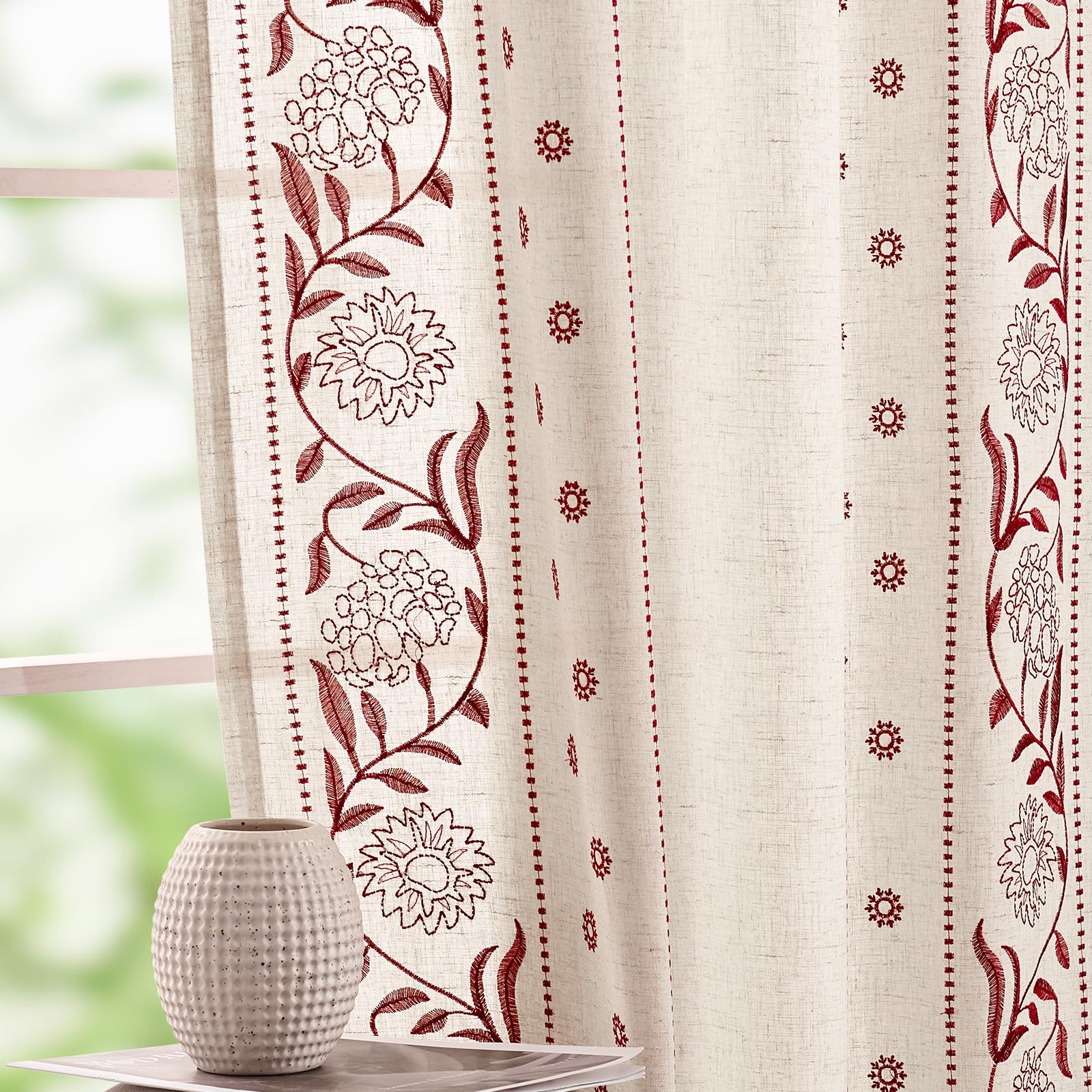 jinchan Winslow Linen Curtains for Bedroom 84 Inches Length Embroidered Bordered Floral Curtains for Living Room Farmhouse Decor Light Filtering Window Treatments Blue on Beige Drapes 2 Panels