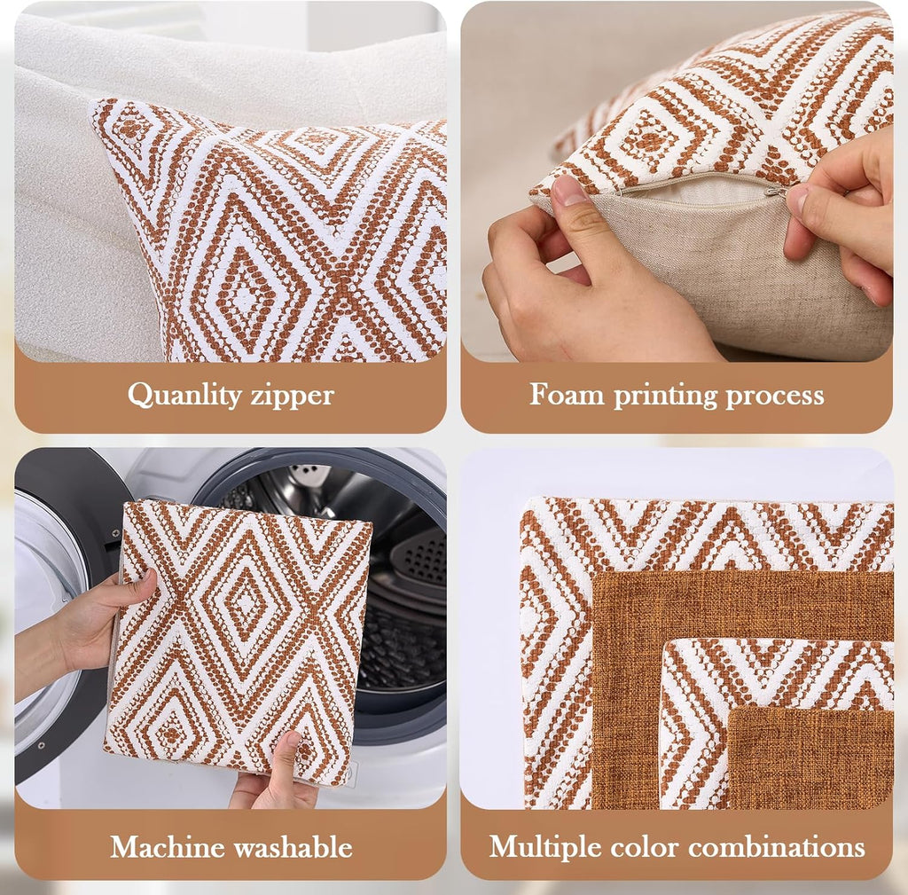 HPUK Decorative Throw Pillow Covers Set of 4 Geometric Design Linen Cushion Cover for Couch Sofa Living Room, 18"x18" inches, Golden Brown
