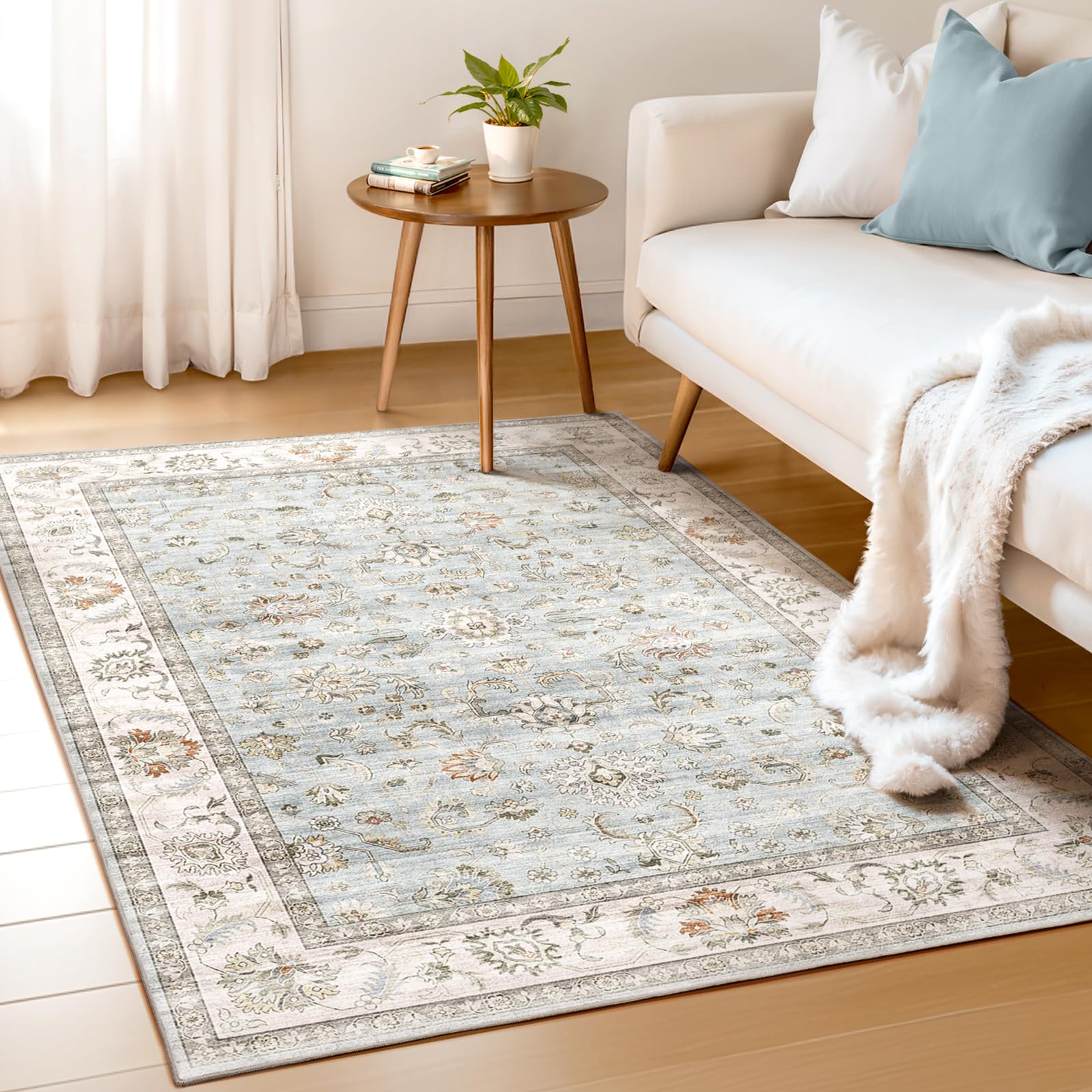 WITSHOCK 10x14 Area Rugs Living Room: Washable Large Neutral Vintage Soft Rug Stain Resistant Non-Slip Farmhouse Indoor Low Pile Floor Carpet for Bedroom Nursery Kids Office- Light Blue