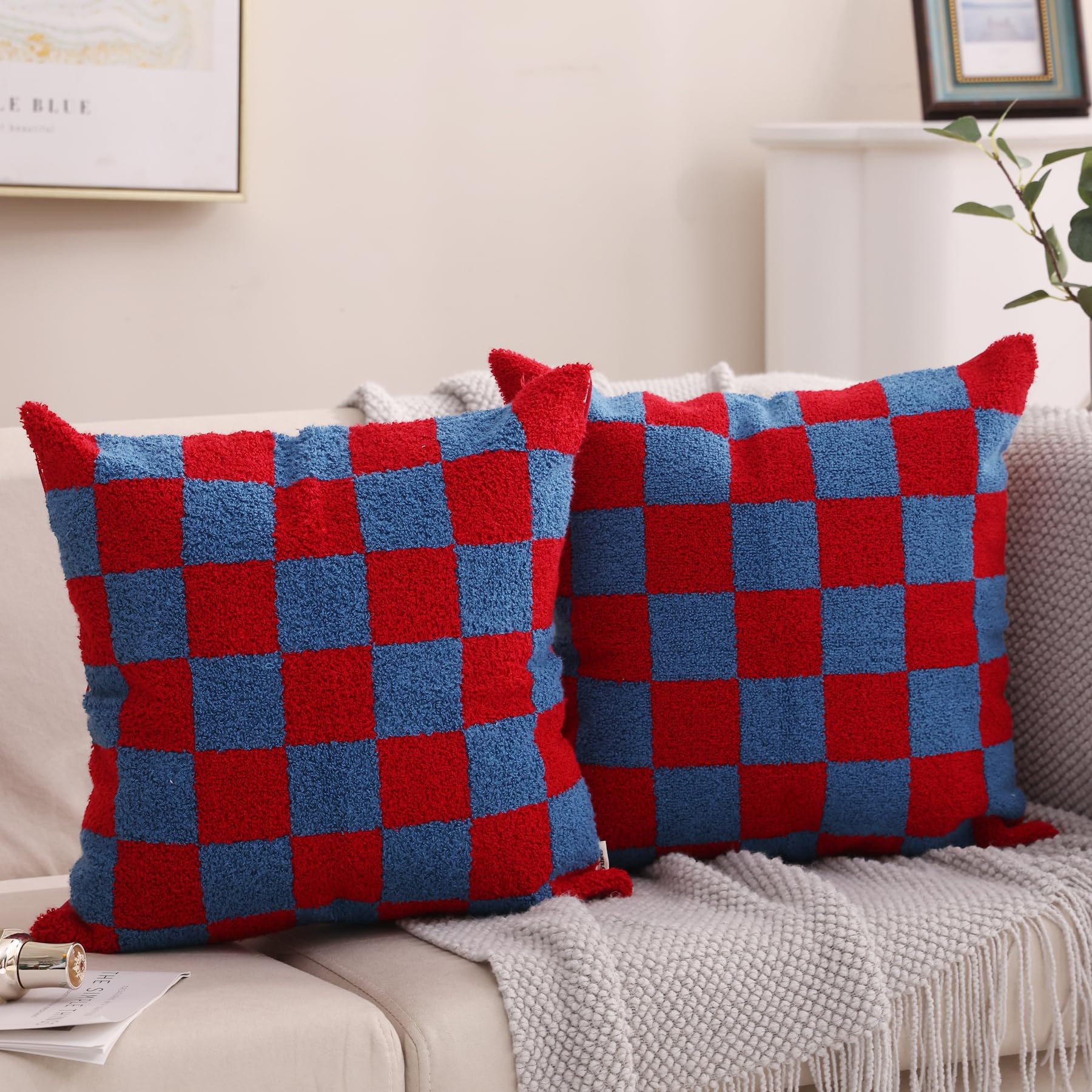 Navy Blue Boho Geometric Pillow Covers 18x18", Set of 2 Embroidered Cotton Cushion Cases