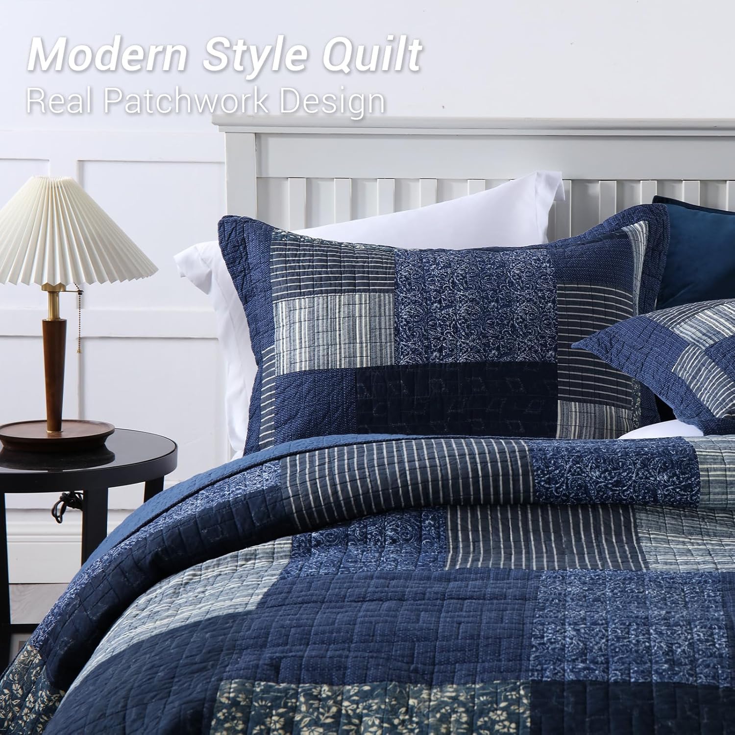 Yvooxny Quilts Queen Size Reversible Lightweight Bedspread 3-Piece Quilt Set Plaid Floral Patchwork 100% Cotton Queen Quilt Set Bedding Set with Pillow Shams for All Seasons, Azure Blue, 90x98''