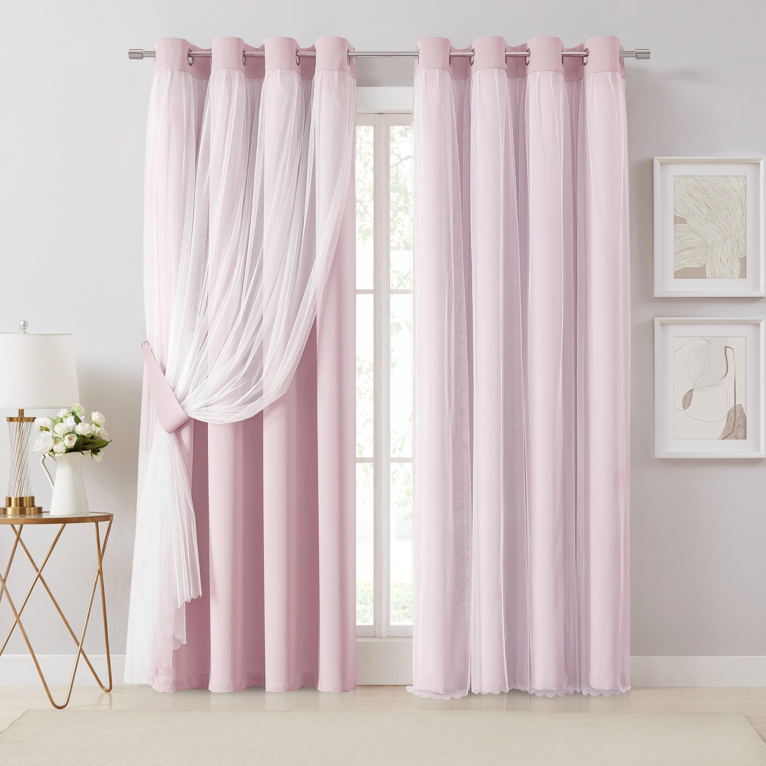 Bujasso Beige 90% Blackout Curtains with Sheer Overlay Mix and Match Double Layer Thermal Insulated Window Panels 84 inch for Living Room Bedroom Beige Drapes with Tiebacks Grommet Top 37" Wx84 Lx2