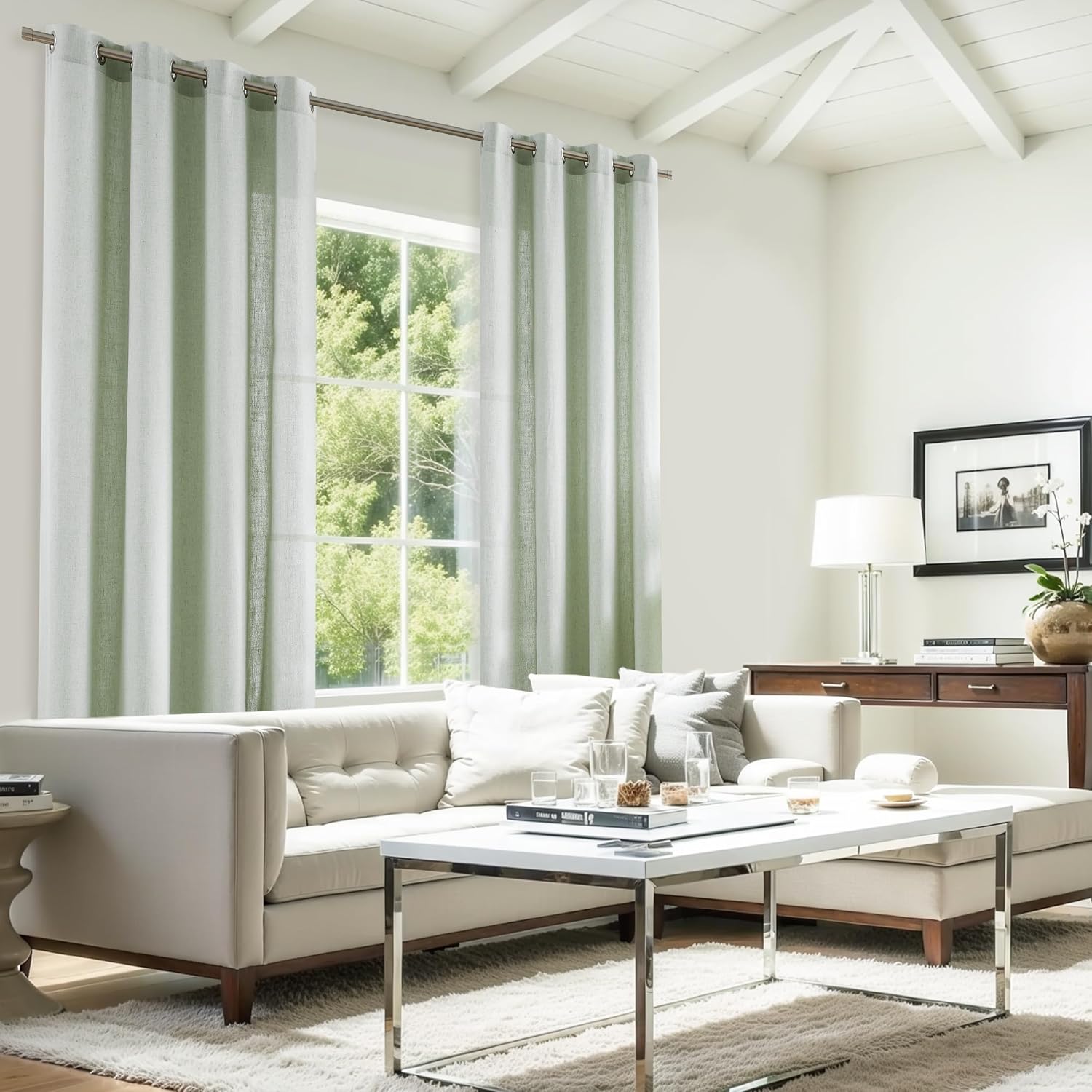 2 Panels Soft Green Linen Blend Sheer Curtains 58"x95", Grommet Light Filtering Drapes
