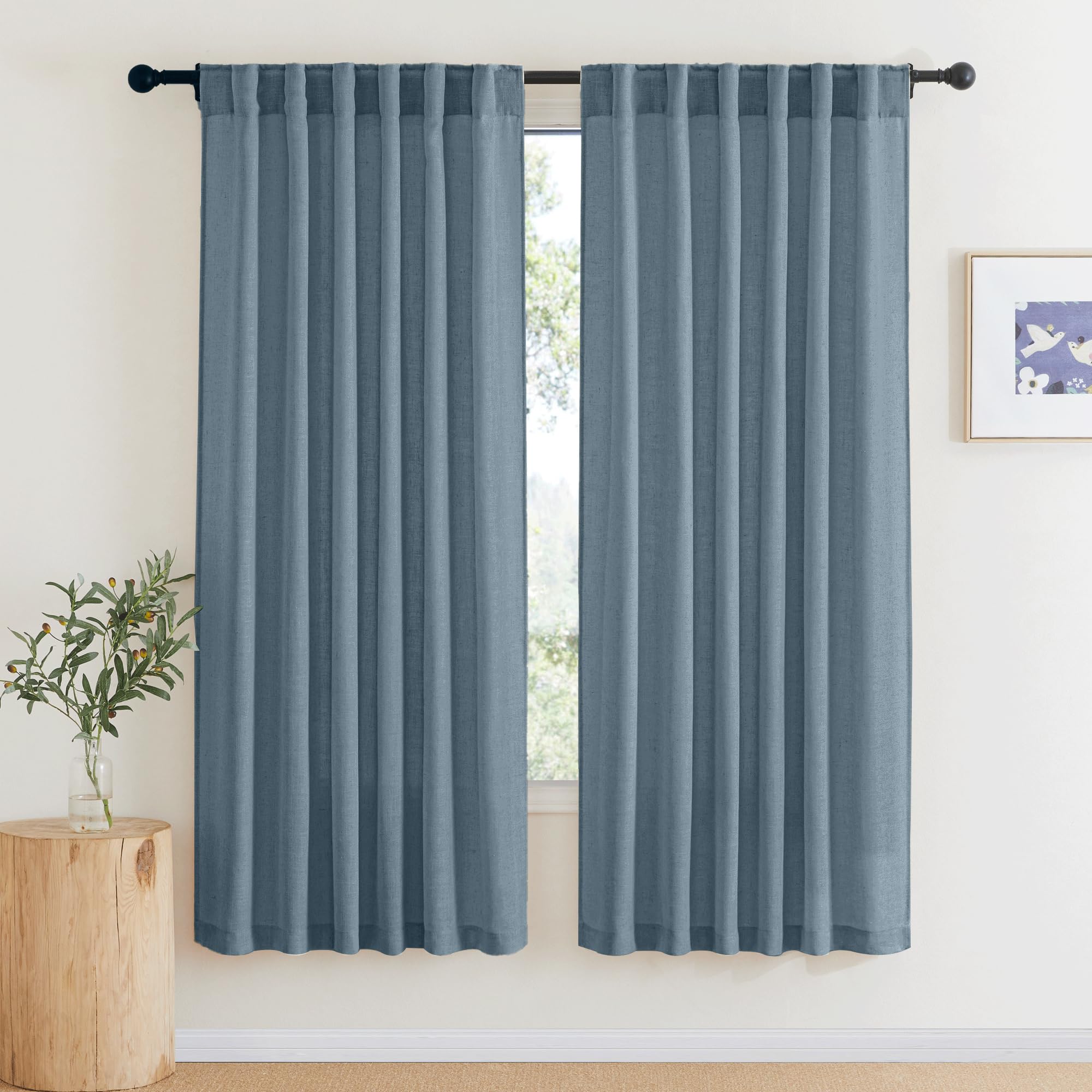 RYB HOME Semi Sheer Curtains - Linen Blend Privacy Curtains Sheer Window Treatment Drapes Farmhouse Decor for Bedroom Living Room Sliding Glass Door, 52 inch Wide x 95 inch Long 2 Panels, Linen
