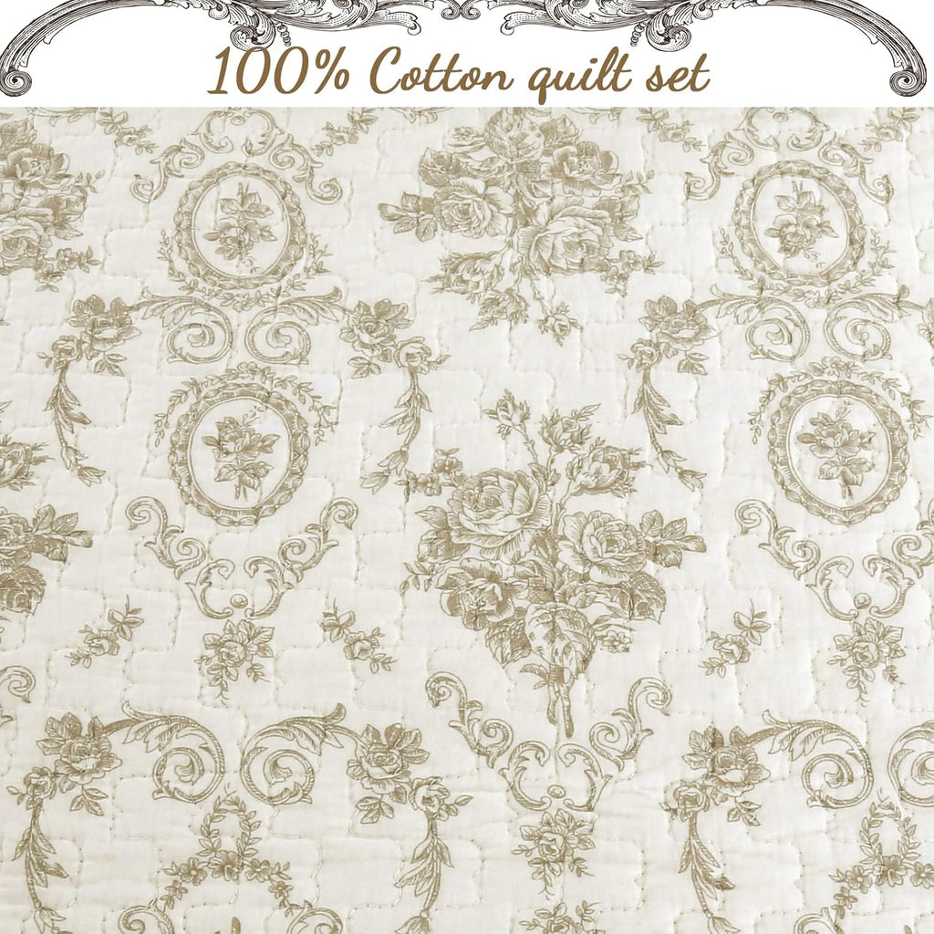 Cozy Line Home Fashions French Medallion 100% Cotton Bedding Quilt Set, Beige Ivory Rose Flower Reversible Coverlet Bedspread (Cream Eggnog, Queen -3 piece)