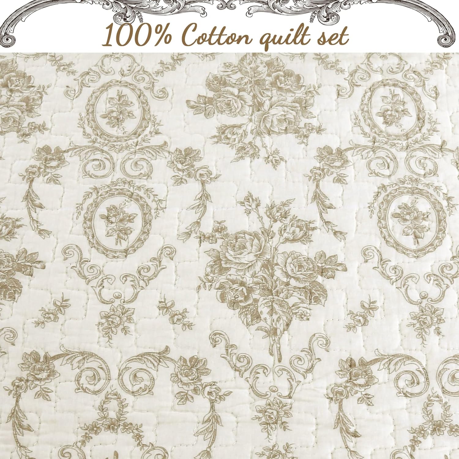 Cozy Line Home Fashions French Medallion 100% Cotton Bedding Quilt Set, Beige Ivory Rose Flower Reversible Coverlet Bedspread (Cream Eggnog, Queen -3 piece)
