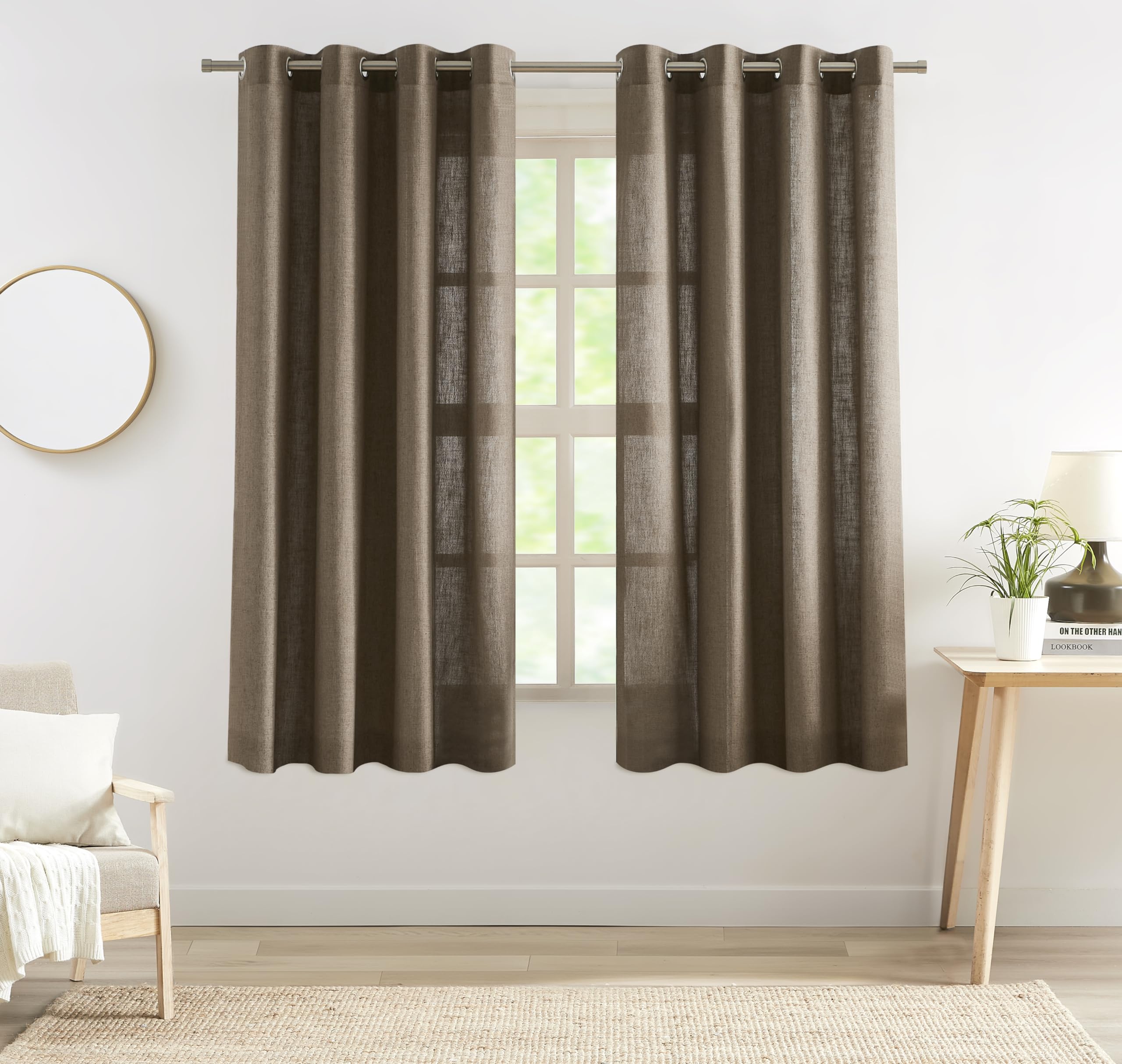 2 Panels Soft Green Linen Blend Sheer Curtains 58"x95", Grommet Light Filtering Drapes