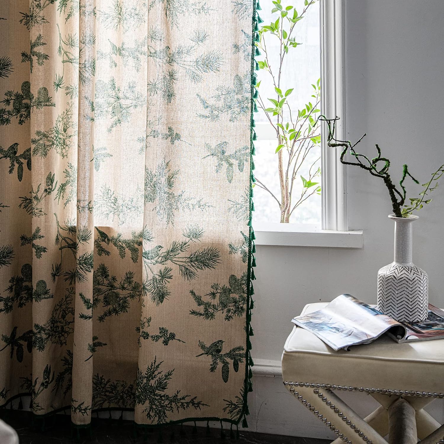 Green Boho Floral Curtains 84", 2 Panels Cotton Linen Semi-Blackout Drapes with Tassel