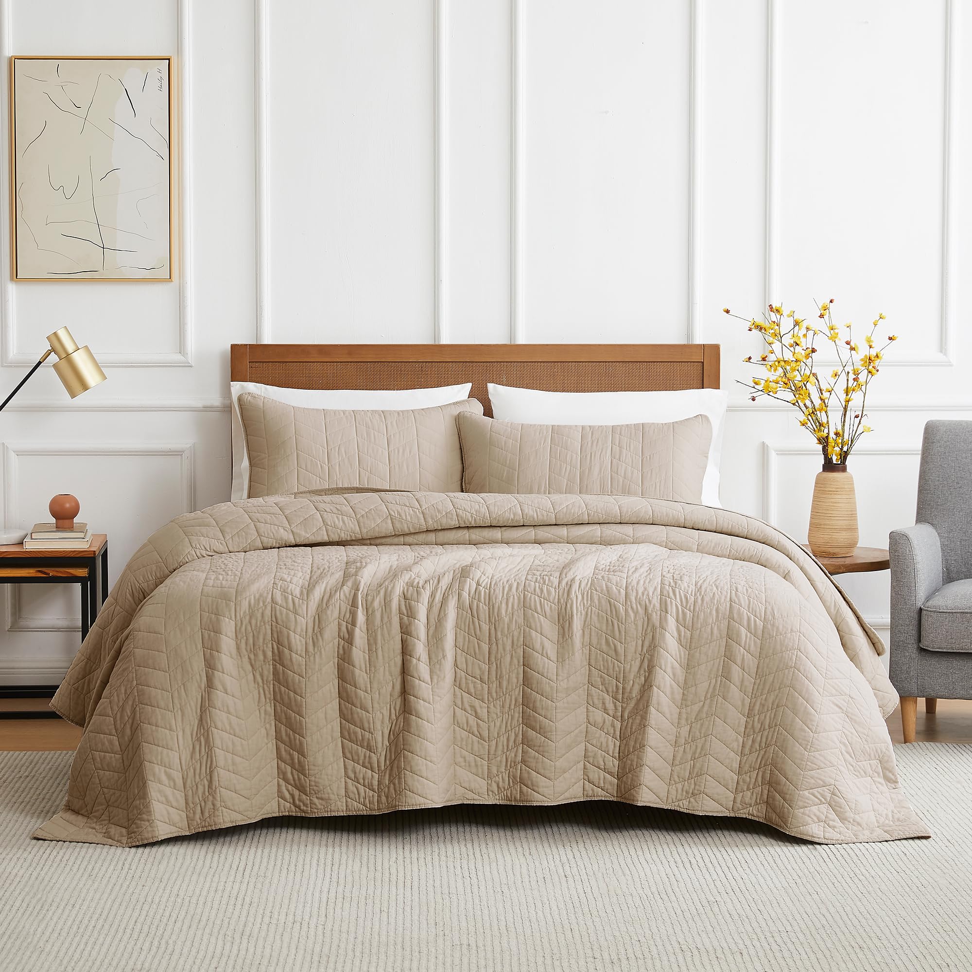palassio Beige Cotton Quilt Queen Size Bedding Sets with Pillow Shams, White Lightweight Soft Bedspread Coverlet, Tan Cream Quilted Comforter Bed Cover for All Season, 3 Pieces, 90x96 inches