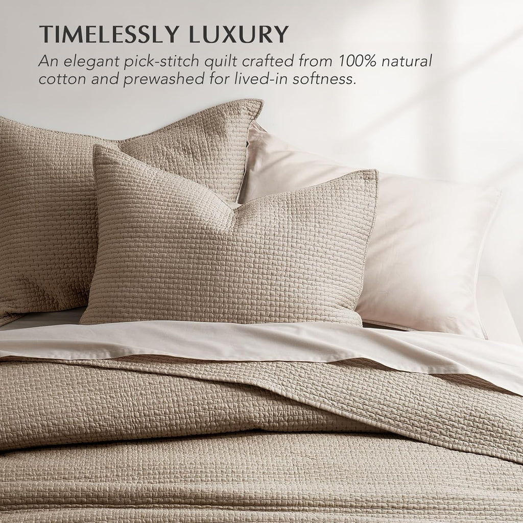 EVERGRACE Cotton Sateen Pick-Stitch Quilt Set Queen Size – 100% Cotton Coverlet Bedding, Pre-Washed Oversized Bedspread, Breathable All-Season Quilt Set with 2 Shams, Stone Taupe