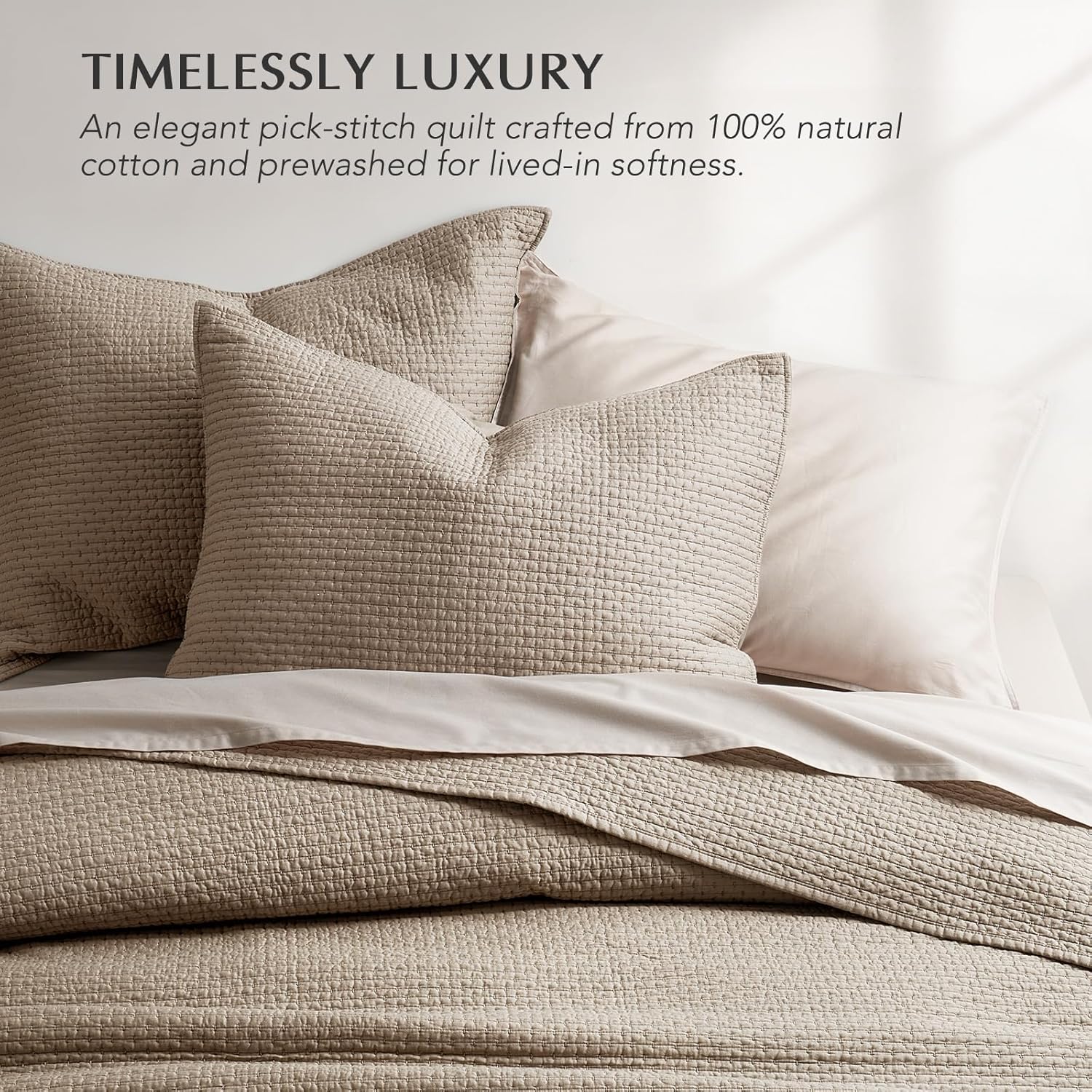 EVERGRACE Cotton Sateen Pick-Stitch Quilt Set Queen Size – 100% Cotton Coverlet Bedding, Pre-Washed Oversized Bedspread, Breathable All-Season Quilt Set with 2 Shams, Stone Taupe
