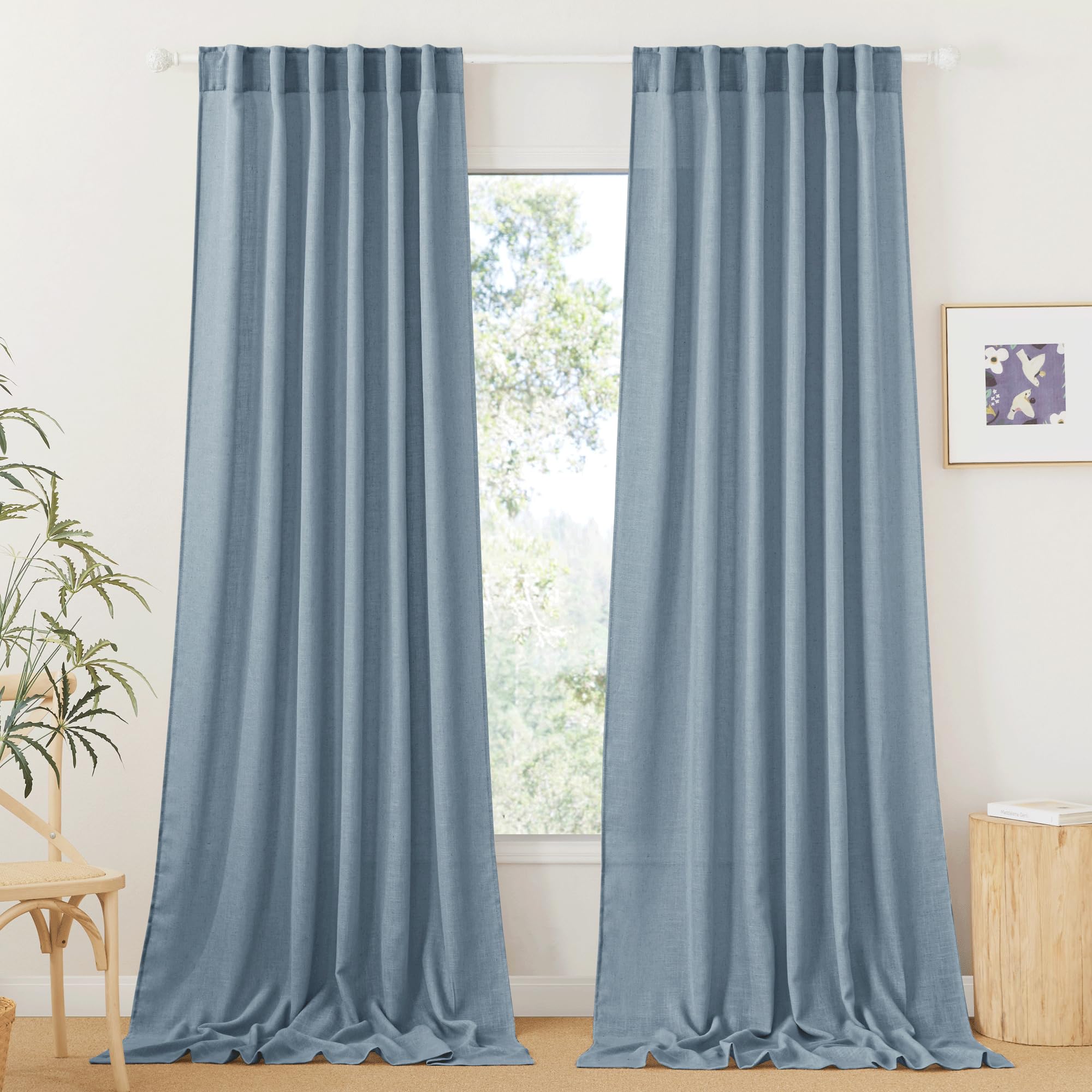 RYB HOME Semi Sheer Curtains - Linen Blend Privacy Curtains Sheer Window Treatment Drapes Farmhouse Decor for Bedroom Living Room Sliding Glass Door, 52 inch Wide x 95 inch Long 2 Panels, Linen