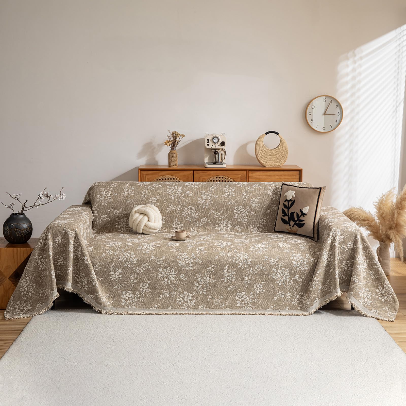 VClife Boho Couch Cover, Washable Sofa Cover for Dog, Non Slip Couch Covers for 3 Cushion Couch, Modern Khaki Creamy White Geometric Sofa Slipcovers Multi-Functional Furniture Protector 71'' x 134''