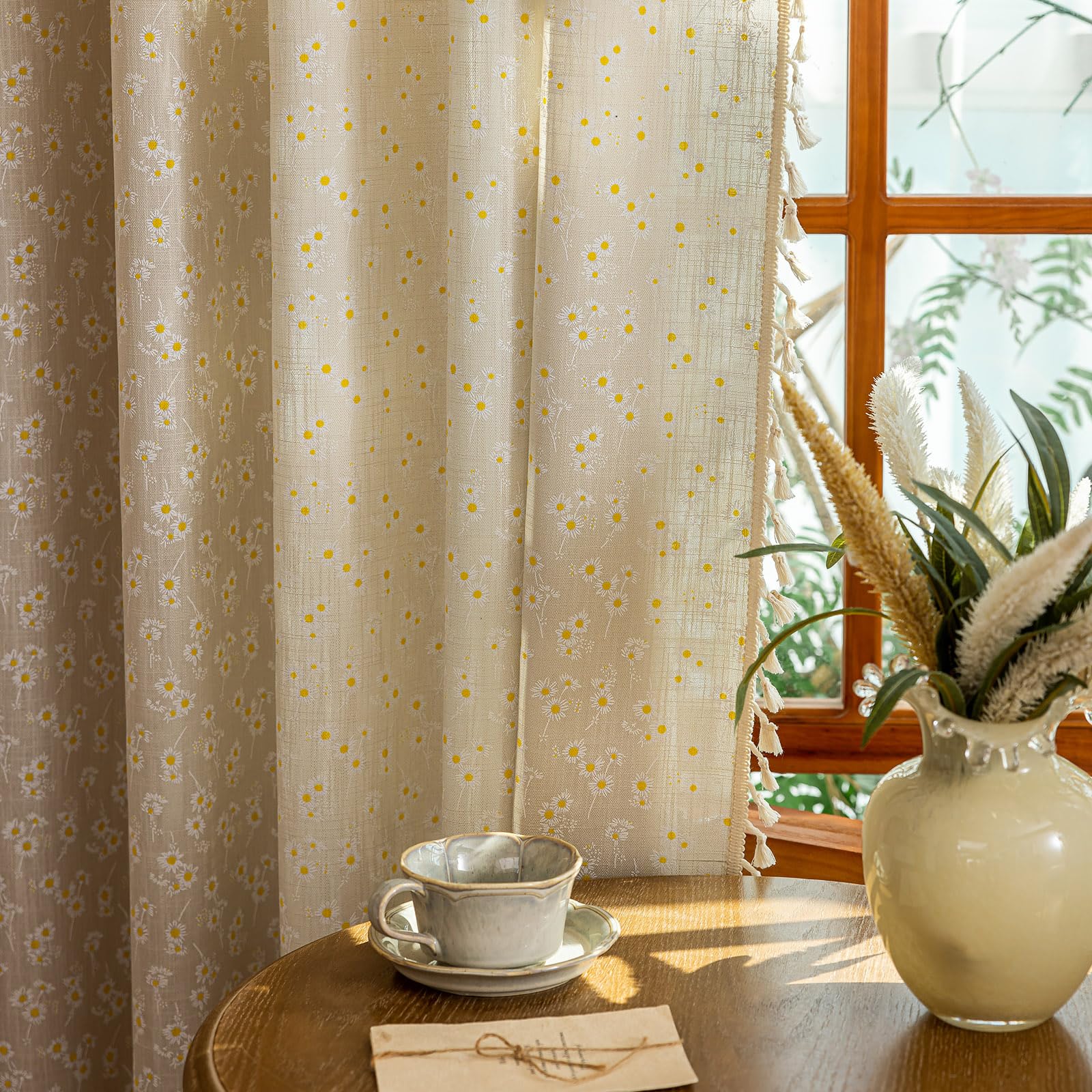 Green Boho Floral Curtains 84", 2 Panels Cotton Linen Semi-Blackout Drapes with Tassel