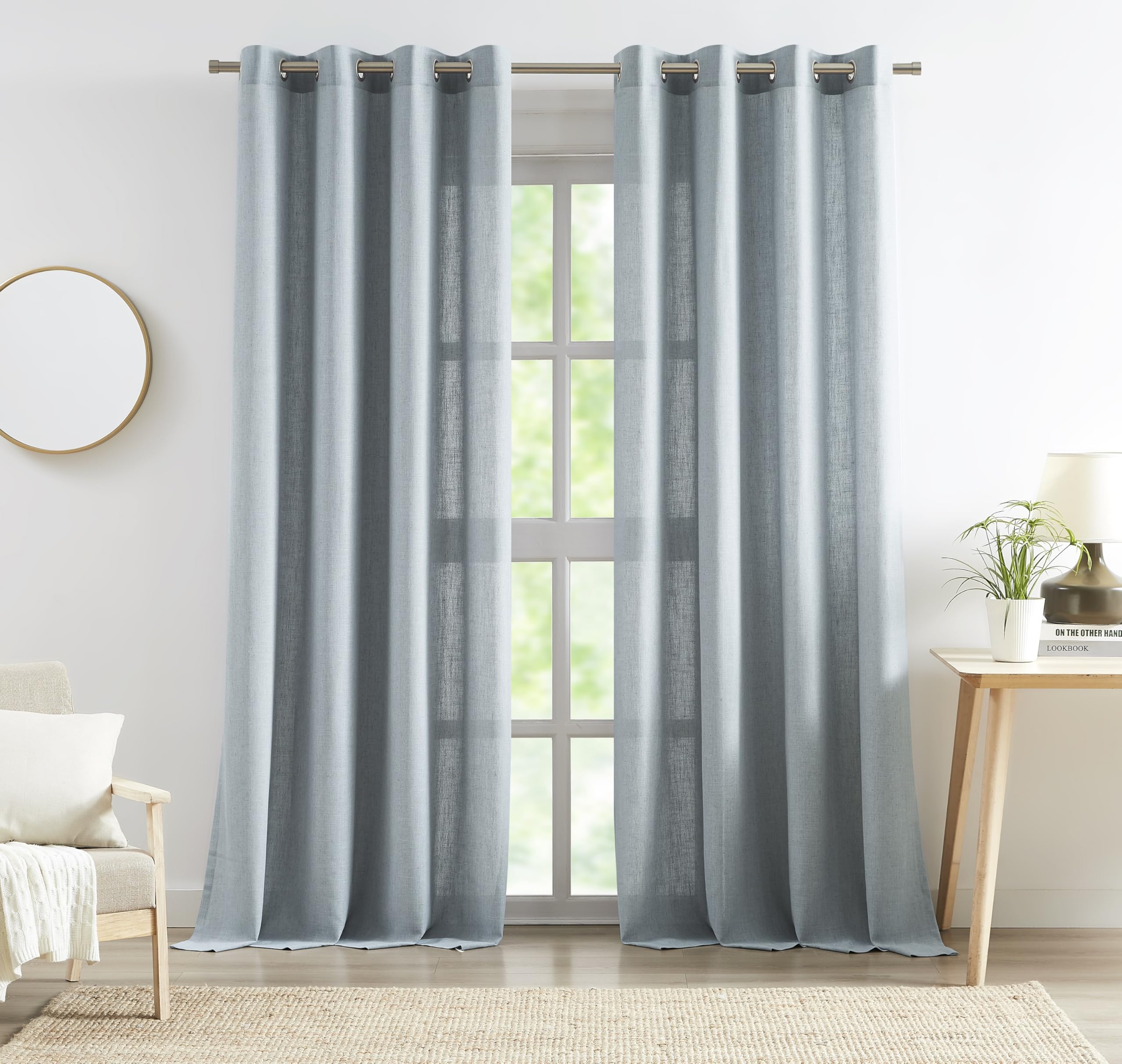 2 Panels Soft Green Linen Blend Sheer Curtains 58"x95", Grommet Light Filtering Drapes
