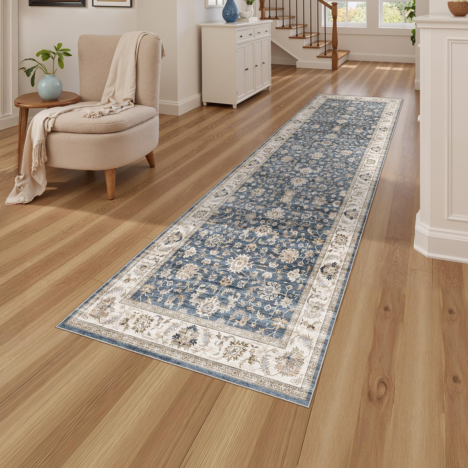 WITSHOCK 10x14 Area Rugs Living Room: Washable Large Neutral Vintage Soft Rug Stain Resistant Non-Slip Farmhouse Indoor Low Pile Floor Carpet for Bedroom Nursery Kids Office- Light Blue