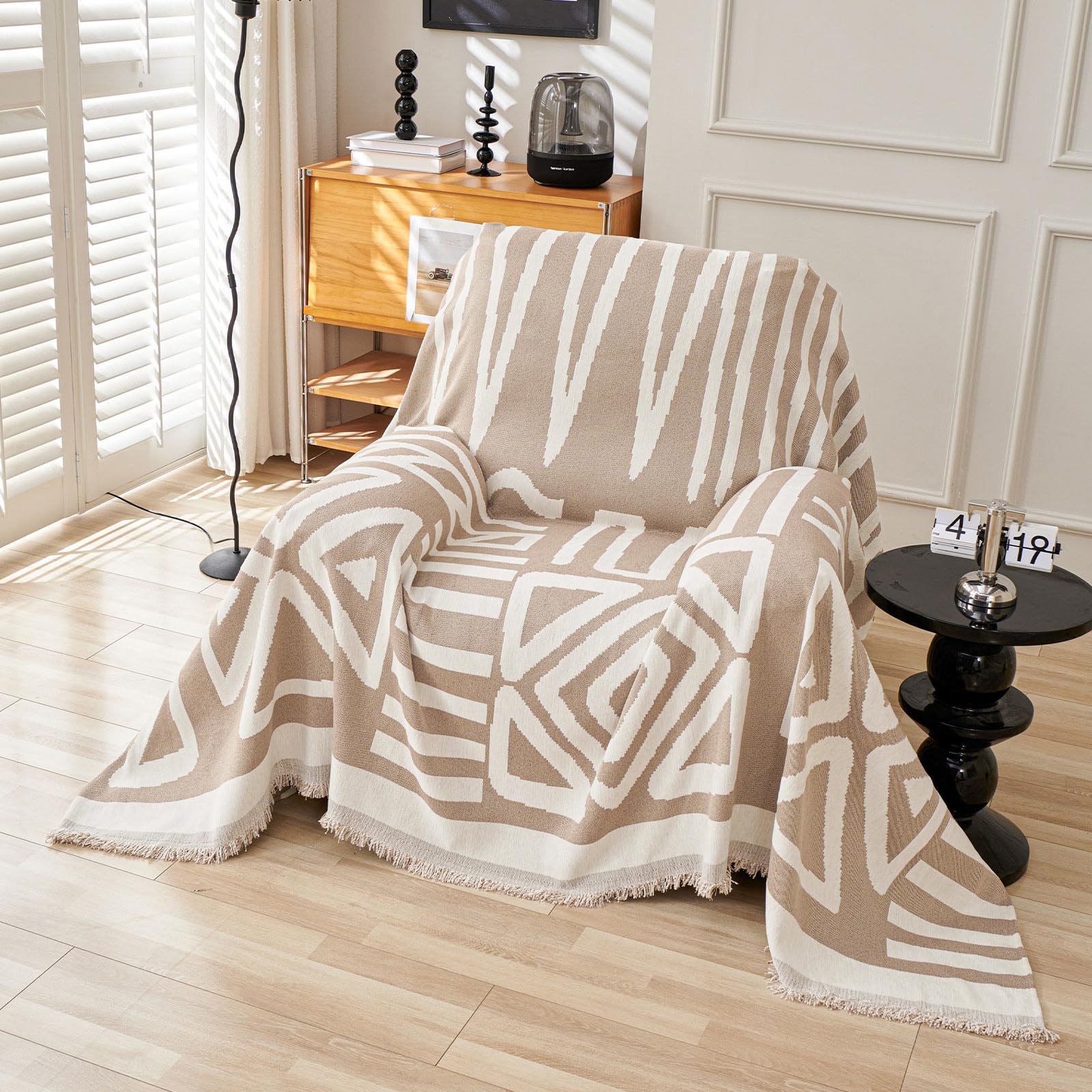 VClife Boho Couch Cover, Washable Sofa Cover for Dog, Non Slip Couch Covers for 3 Cushion Couch, Modern Khaki Creamy White Geometric Sofa Slipcovers Multi-Functional Furniture Protector 71'' x 134''