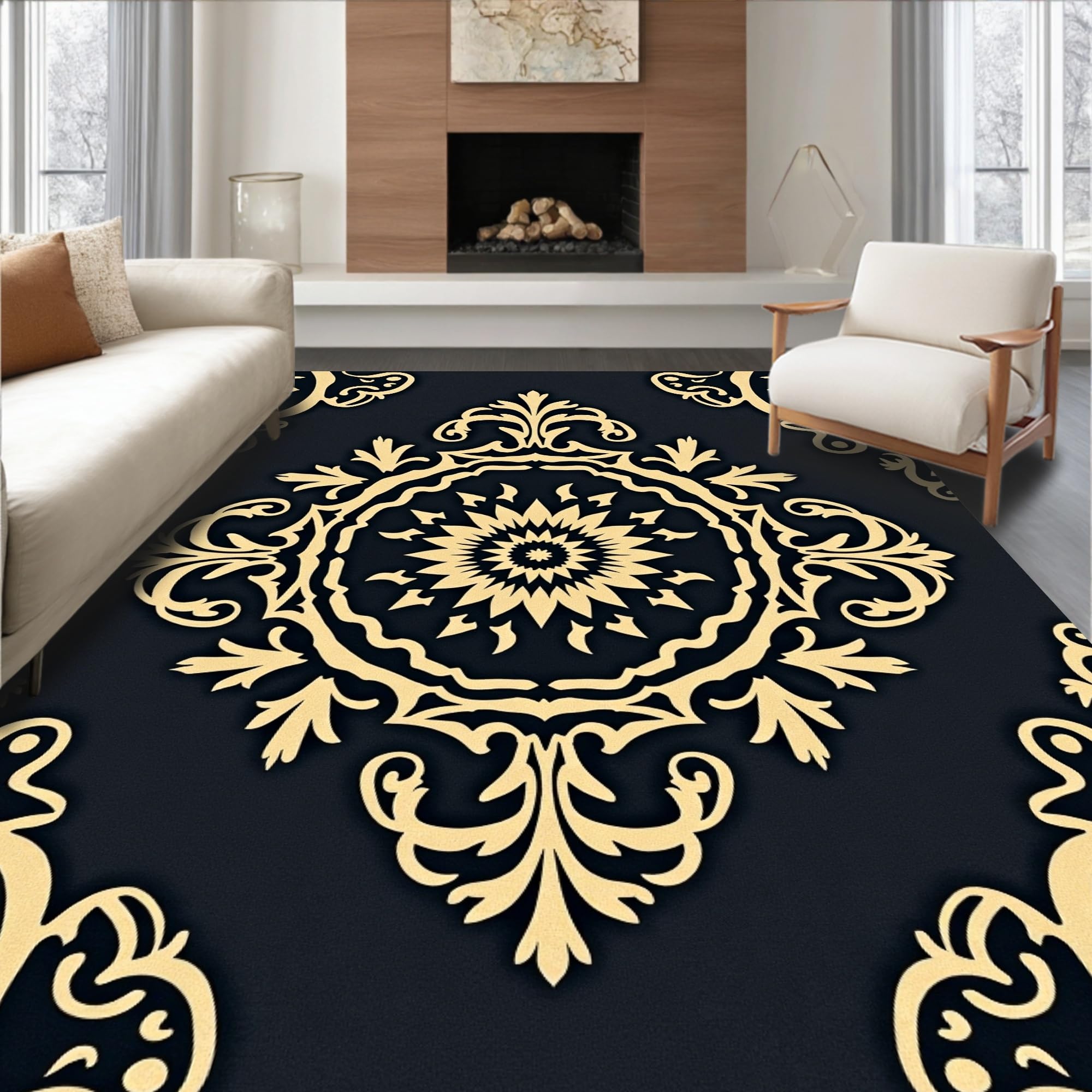 Gold 5x7 Flatwoven Area Rug, Crest Wave Design, Washable for Living Room Bedroom