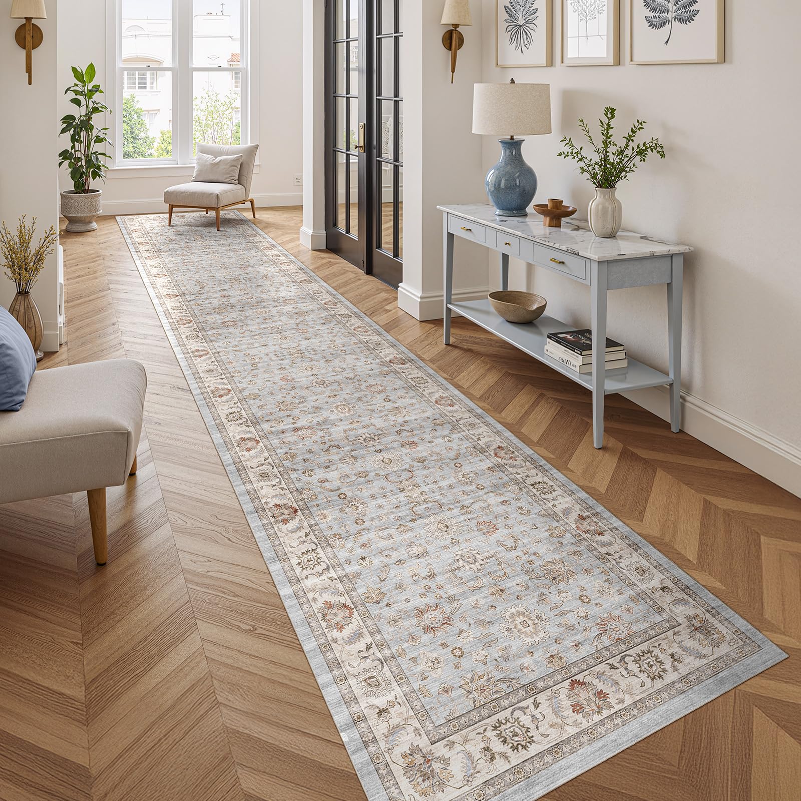 WITSHOCK 10x14 Area Rugs Living Room: Washable Large Neutral Vintage Soft Rug Stain Resistant Non-Slip Farmhouse Indoor Low Pile Floor Carpet for Bedroom Nursery Kids Office- Light Blue
