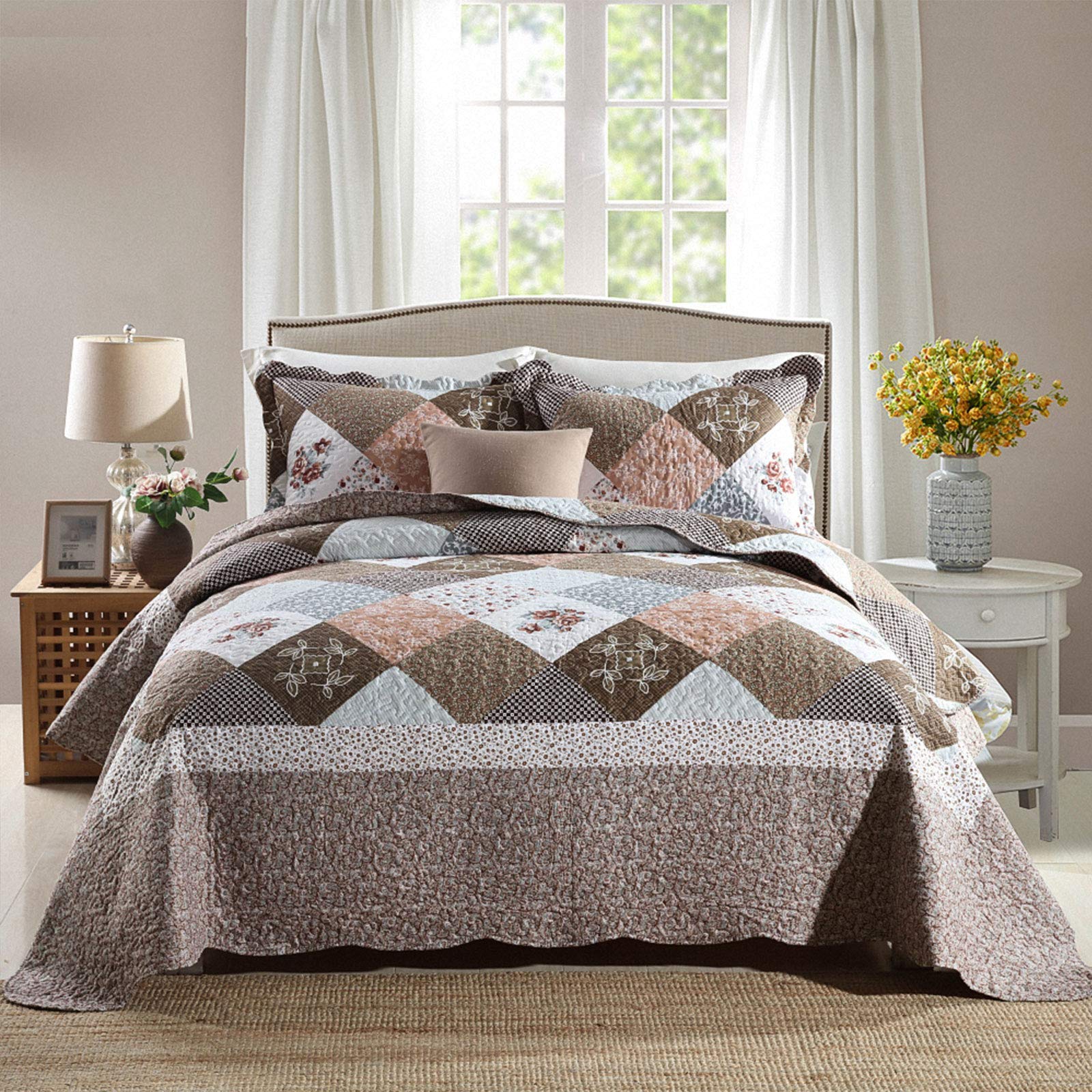 NEWLAKE Quilt Set Queen Size, 100% Cotton Patchwork Green Bohemian Quilt Sets, Reversible Bedspread Lightweight and Breathable for All Seasons, Soft Quilted Bedspread with 2 Pillow Shams