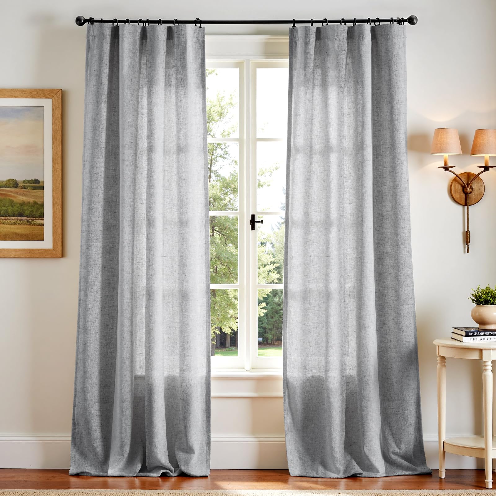 Linen Curtains for Living Room Bedroom 84 Inches Long Thick Linen Textured Beige Curtains Light Filtering Natural Semi Sheer Farmhouse Window Drapes, Country Rustic Drapes 2 Panels Back Tab/Rod Pocket