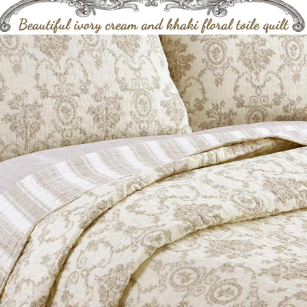 Cozy Line Home Fashions French Medallion 100% Cotton Bedding Quilt Set, Beige Ivory Rose Flower Reversible Coverlet Bedspread (Cream Eggnog, Queen -3 piece)