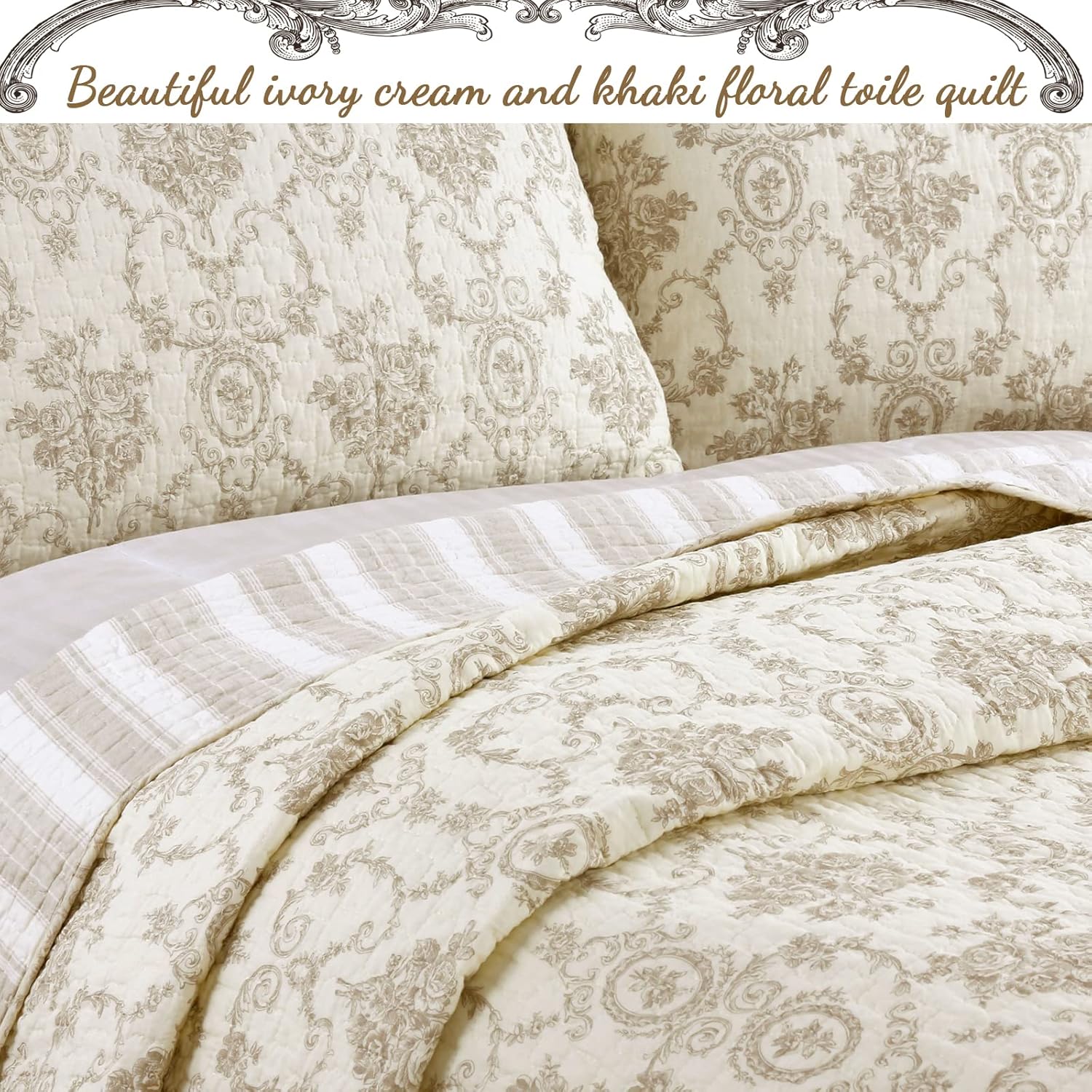 Cozy Line Home Fashions French Medallion 100% Cotton Bedding Quilt Set, Beige Ivory Rose Flower Reversible Coverlet Bedspread (Cream Eggnog, Queen -3 piece)