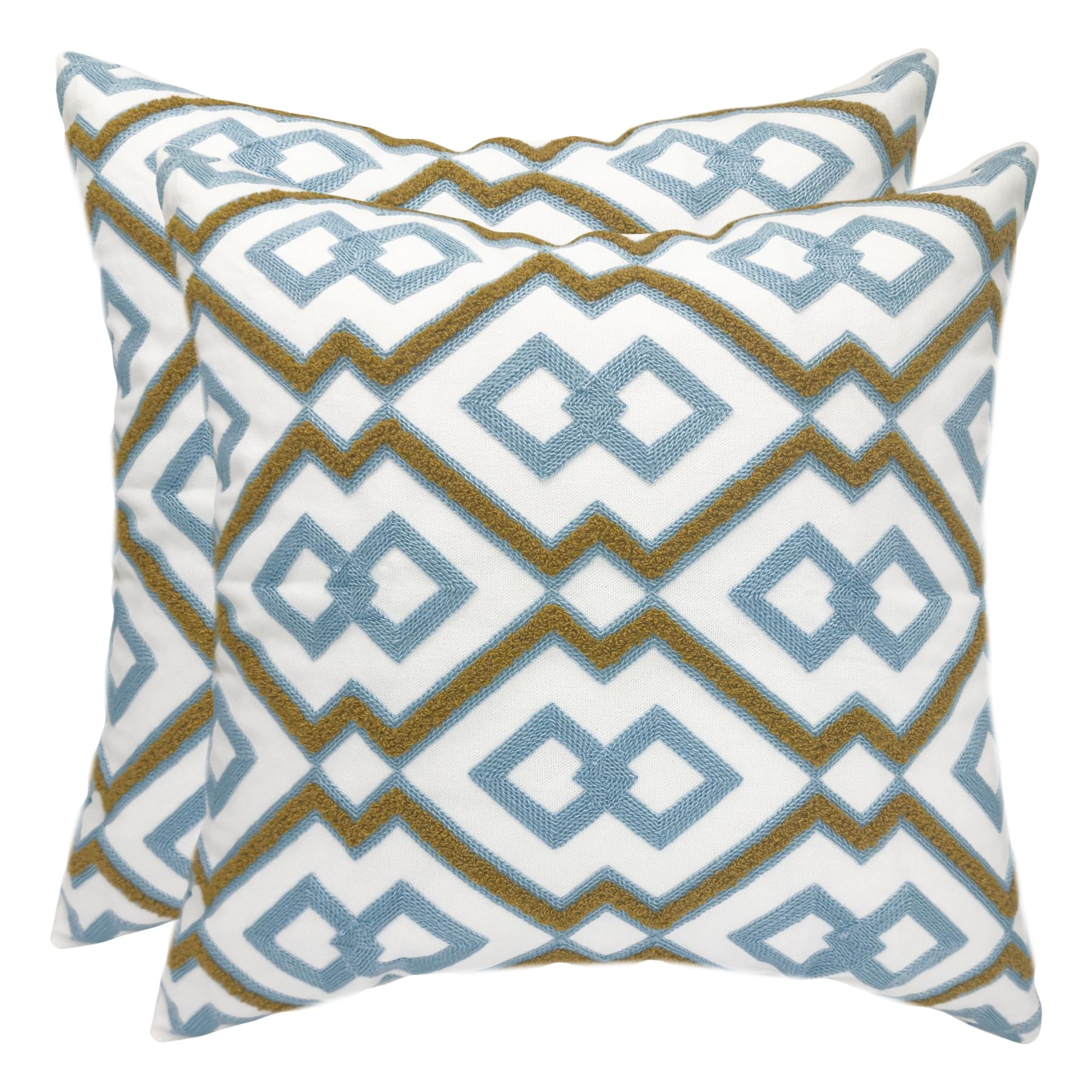 Navy Blue Boho Geometric Pillow Covers 18x18", Set of 2 Embroidered Cotton Cushion Cases