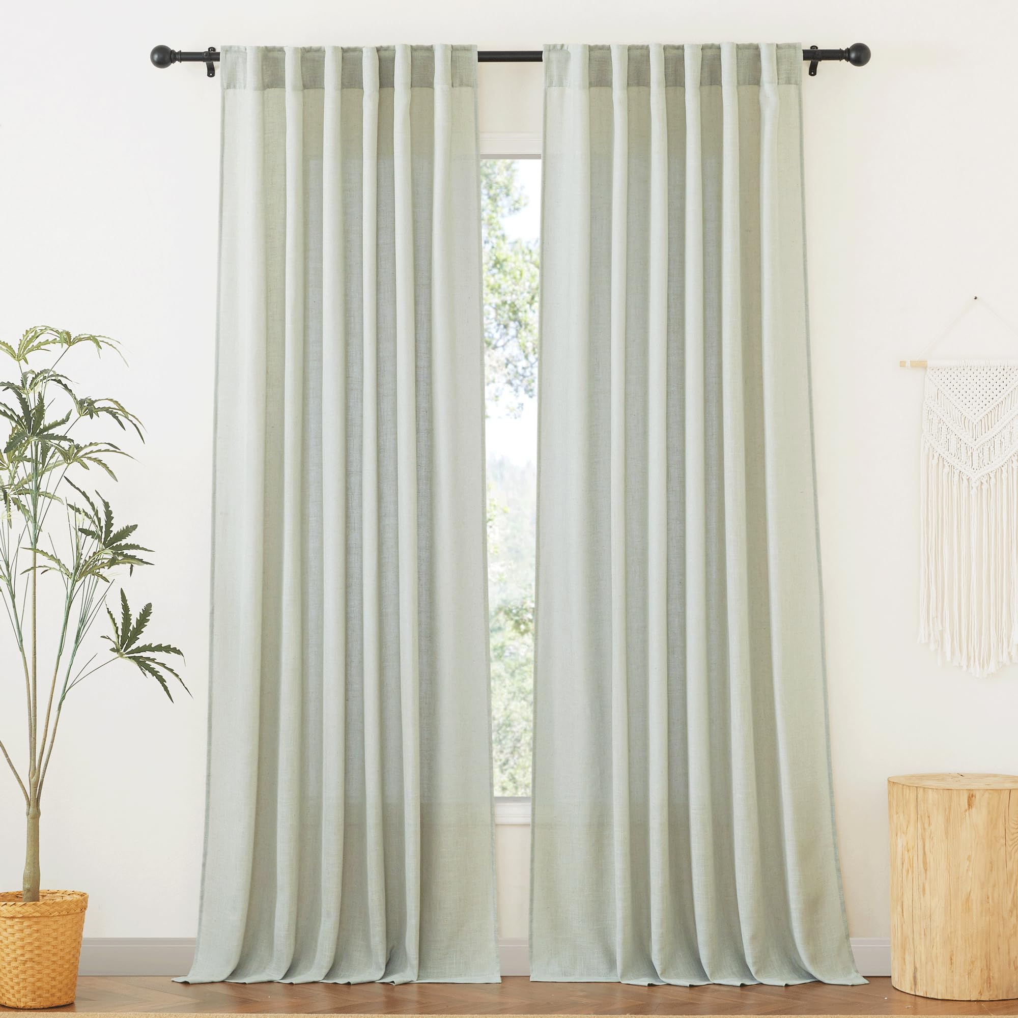 RYB HOME Semi Sheer Curtains - Linen Blend Privacy Curtains Sheer Window Treatment Drapes Farmhouse Decor for Bedroom Living Room Sliding Glass Door, 52 inch Wide x 95 inch Long 2 Panels, Linen