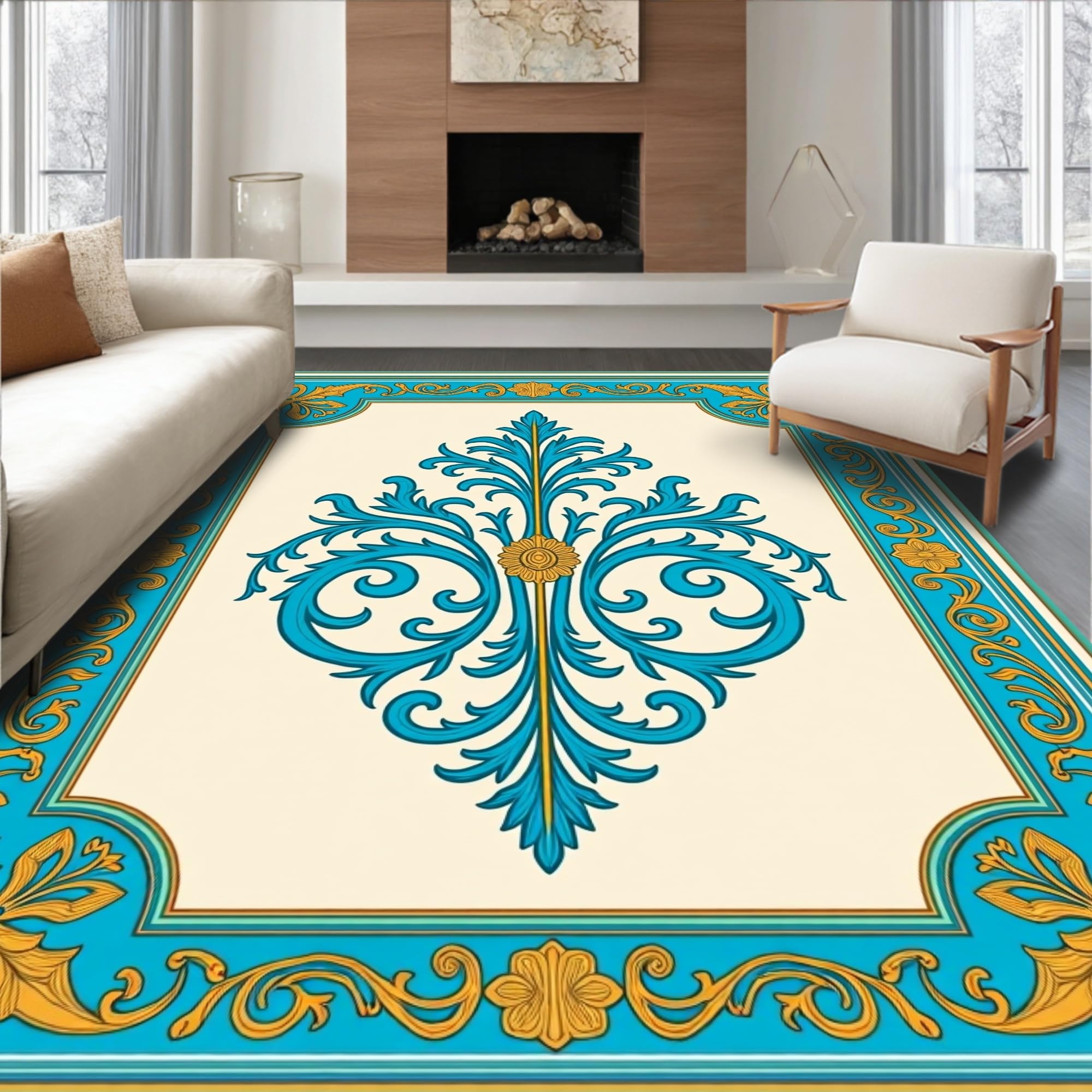 Gold 5x7 Flatwoven Area Rug, Crest Wave Design, Washable for Living Room Bedroom