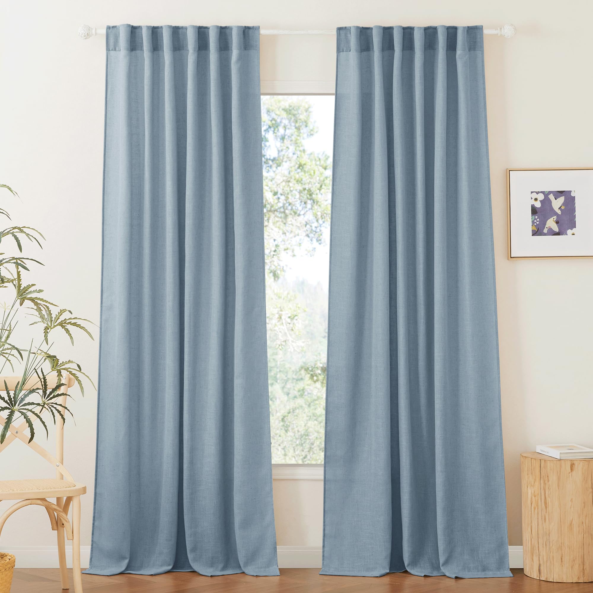 RYB HOME Semi Sheer Curtains - Linen Blend Privacy Curtains Sheer Window Treatment Drapes Farmhouse Decor for Bedroom Living Room Sliding Glass Door, 52 inch Wide x 95 inch Long 2 Panels, Linen