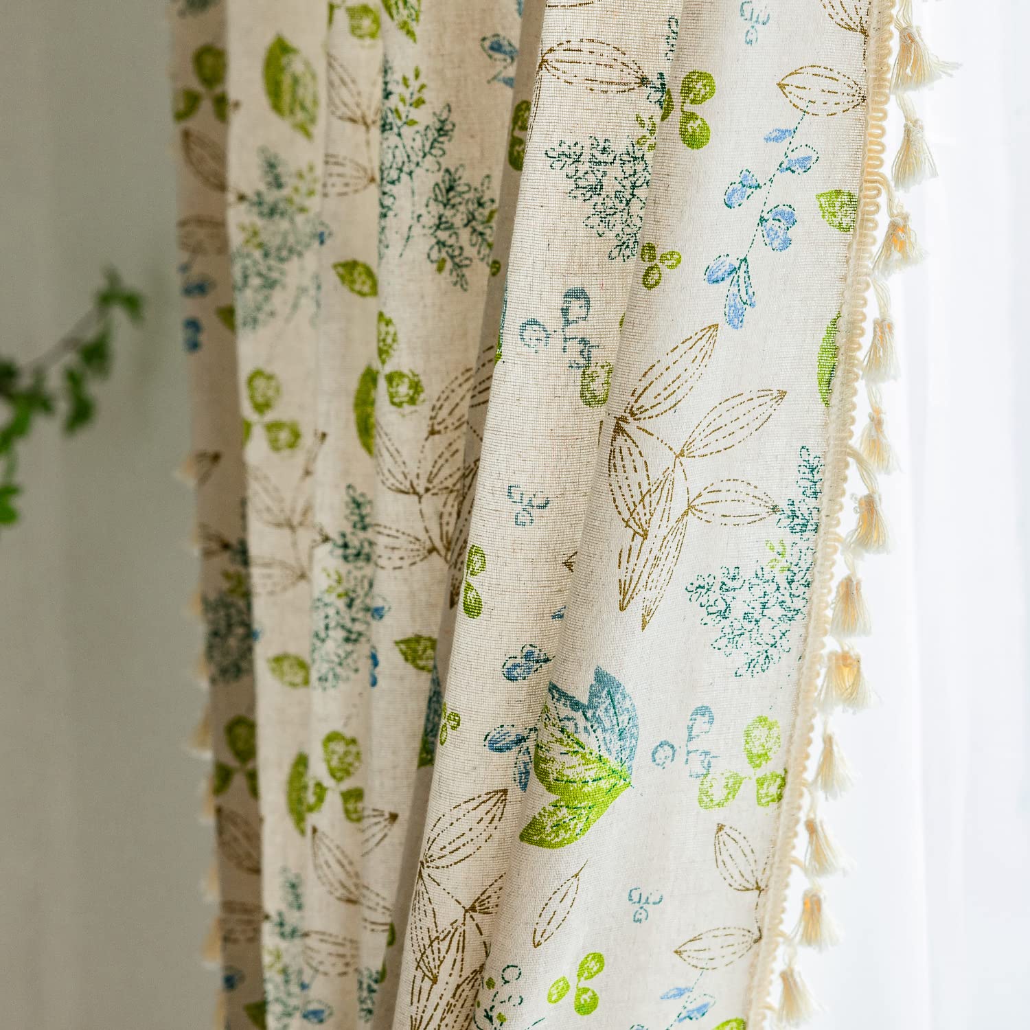 Green Boho Floral Curtains 84", 2 Panels Cotton Linen Semi-Blackout Drapes with Tassel