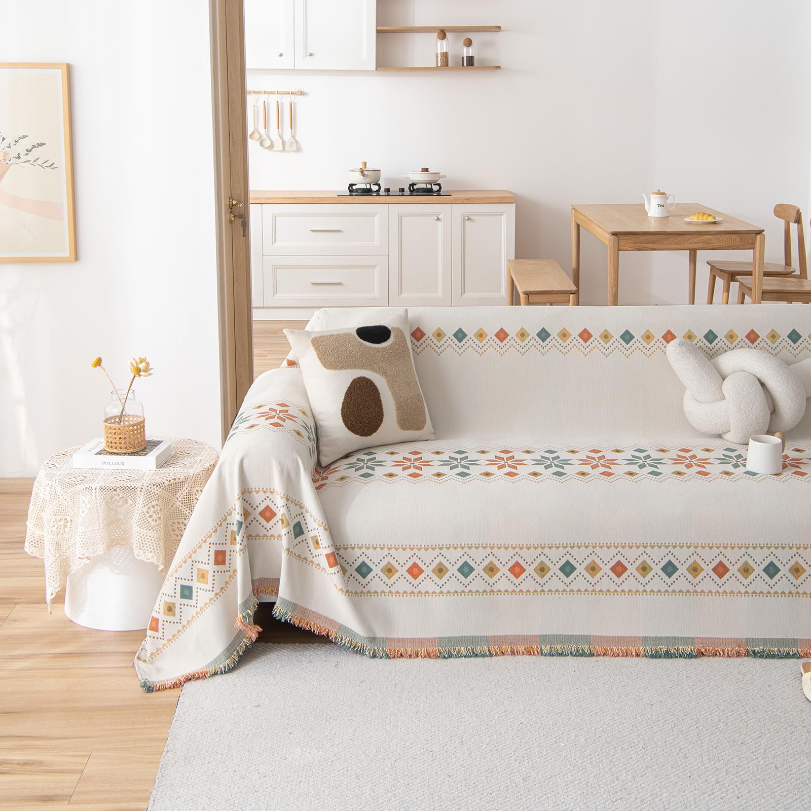 VClife Boho Couch Cover Blue Geometric Jacquard Pattern Sofa Cover, 1 Piece Large Couch Covers for 3 Cushion Couch Sofa Washable Plush Chenille Sofa Protector for Living Room, 71x134 Inch