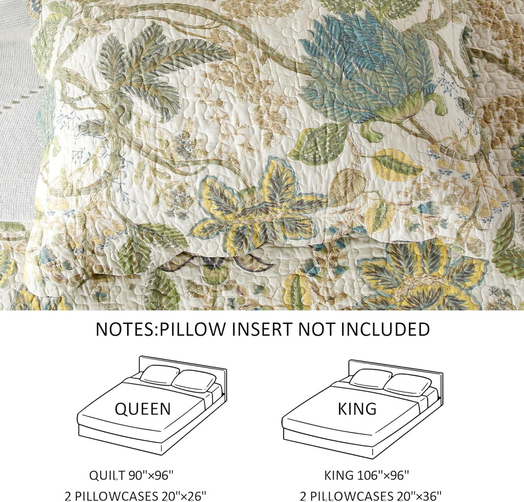 DURLENGEN Forest 100% Cotton Queen Quilt 3Pcs,Bohemian Reversible Leaves & Flowers Pattern on White, Luxury Lightweight Coverlet Sets for All Season(Queen 90x96,Forest)