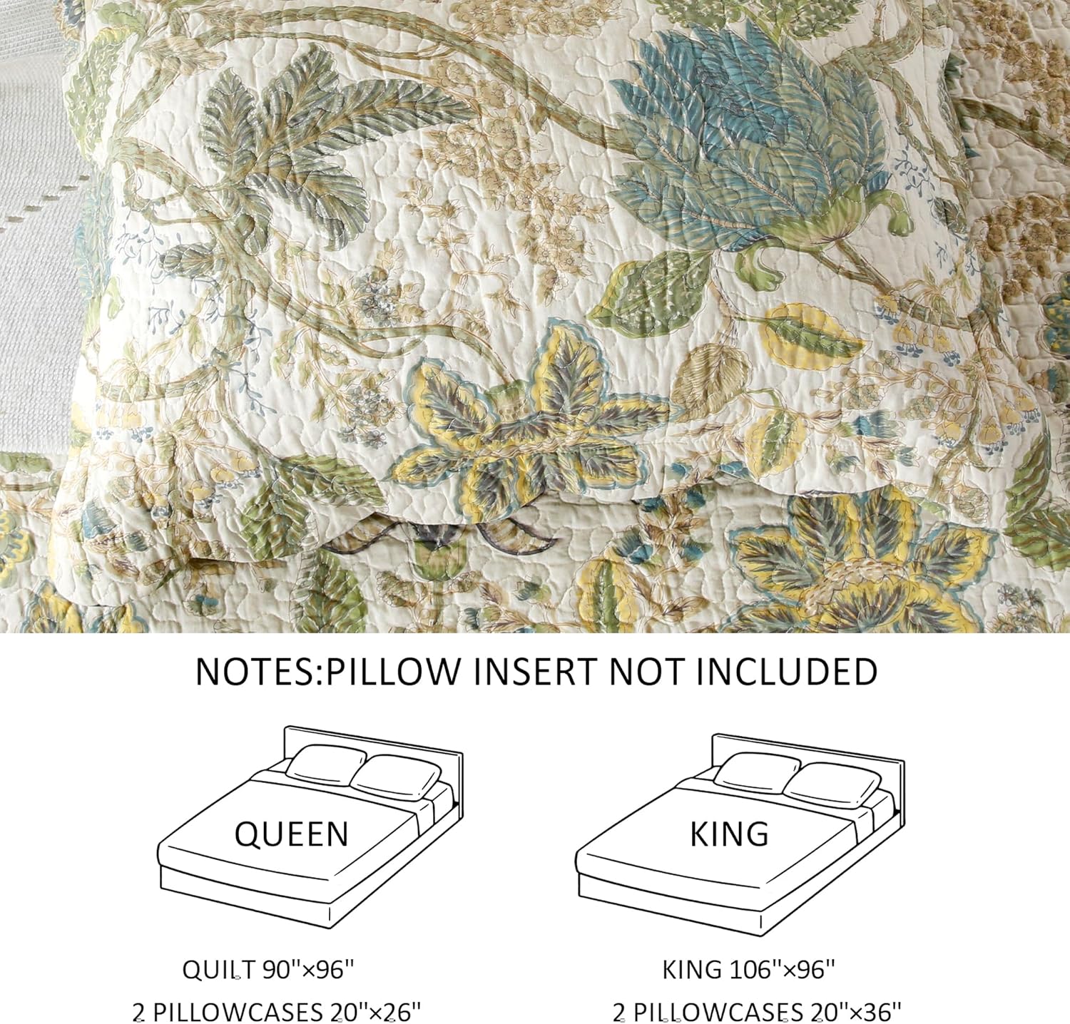 DURLENGEN Forest 100% Cotton Queen Quilt 3Pcs,Bohemian Reversible Leaves & Flowers Pattern on White, Luxury Lightweight Coverlet Sets for All Season(Queen 90x96,Forest)