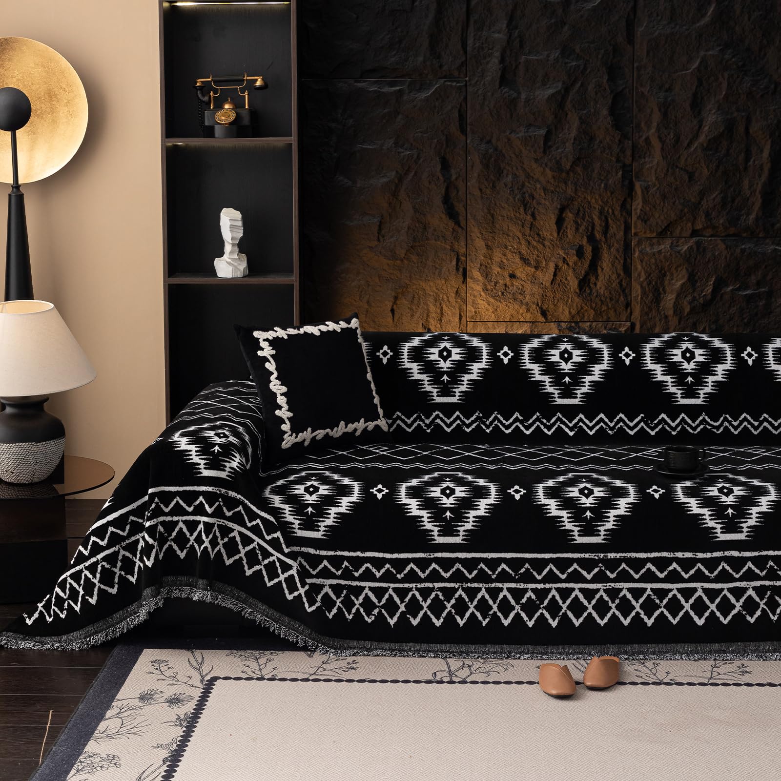 VClife Boho Couch Cover Blue Geometric Jacquard Pattern Sofa Cover, 1 Piece Large Couch Covers for 3 Cushion Couch Sofa Washable Plush Chenille Sofa Protector for Living Room, 71x134 Inch