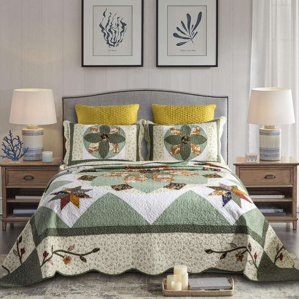 YAYIDAY Quilts Queen Size Patchwork Bedspread Set - 100% Cotton Reversible Breathable Brown Geometric Quilted Quilt with Pillow Shams for All Seasons
