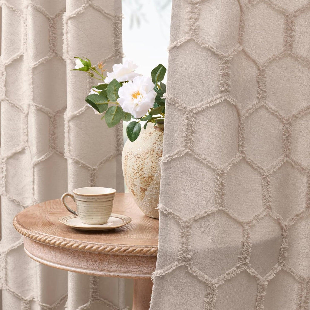 Taupe Geometric Curtains 84 Inches Long 2 Panels Jacquard Fluffy Hexagon Tufted Curtains Rod Pocket Back Tab Light Filtering Semi Sheer Privacy Decor Lattice Drapes for Bedroom Living Room, 52x84