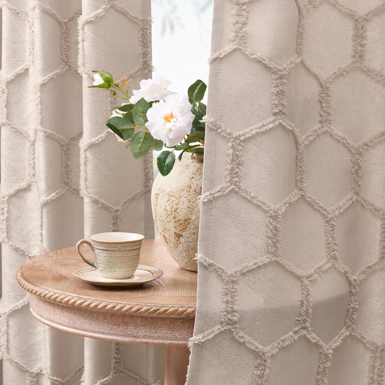 Taupe Geometric Curtains 84 Inches Long 2 Panels Jacquard Fluffy Hexagon Tufted Curtains Rod Pocket Back Tab Light Filtering Semi Sheer Privacy Decor Lattice Drapes for Bedroom Living Room, 52x84