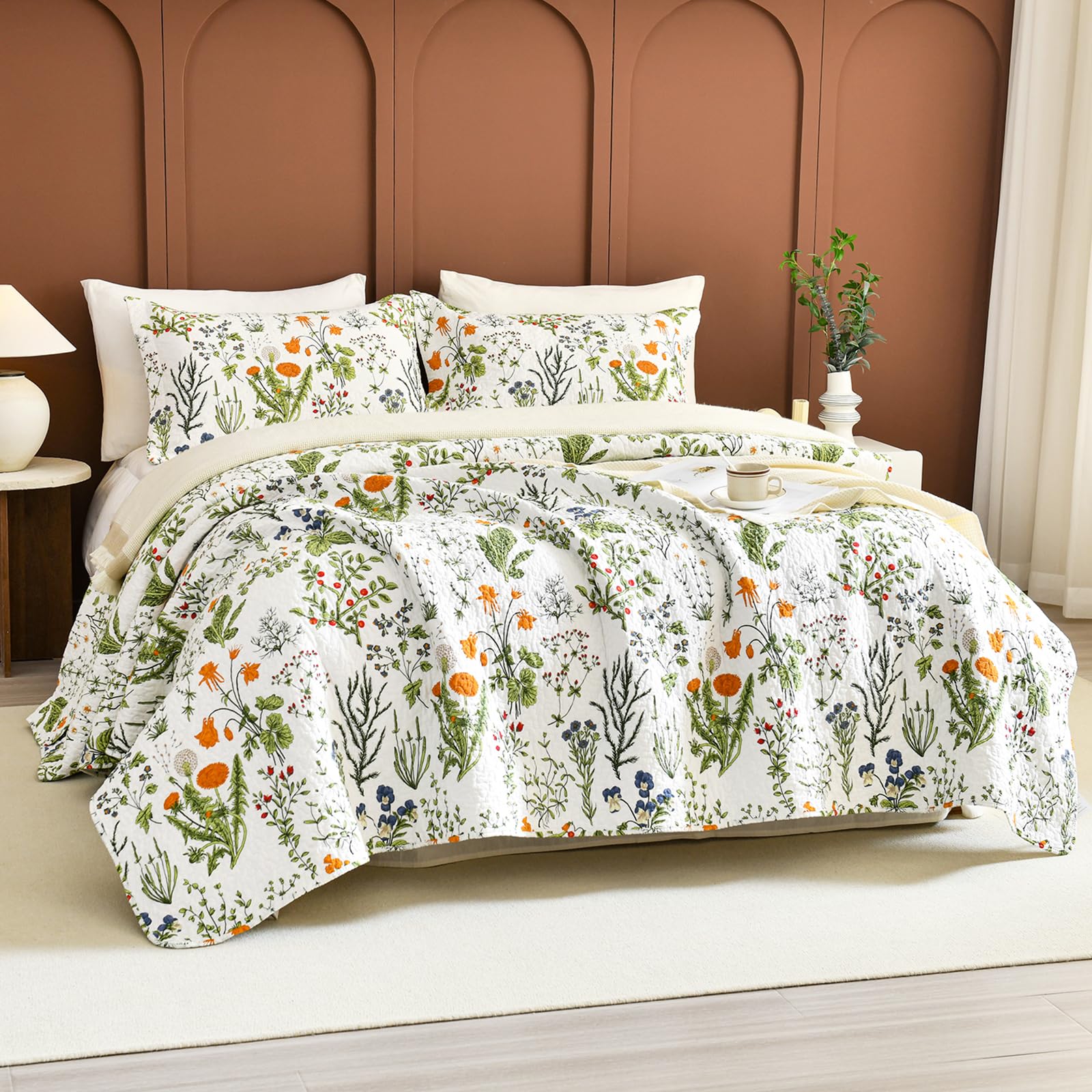 Sanracie 100% Cotton Quilt Queen Size(90"x98")-Floral Quilted Bedspreads Set,3pcs Yellow Wild Flower Botanical Printed Pattern Quilt Bedding Coverlet Summer Soft Lightweight Aesthetic Bedding