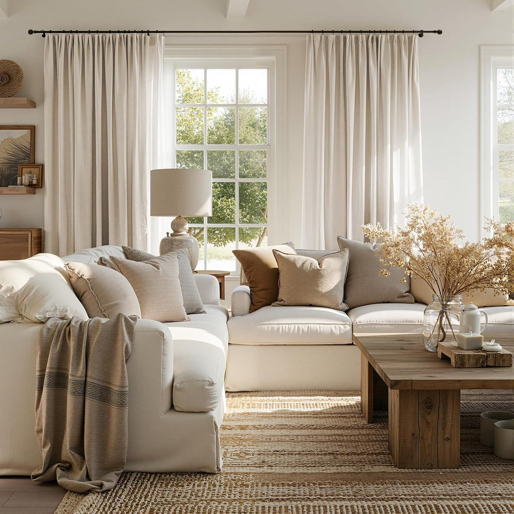 Linen Curtains for Living Room Bedroom 84 Inches Long Thick Linen Textured Beige Curtains Light Filtering Natural Semi Sheer Farmhouse Window Drapes, Country Rustic Drapes 2 Panels Back Tab/Rod Pocket