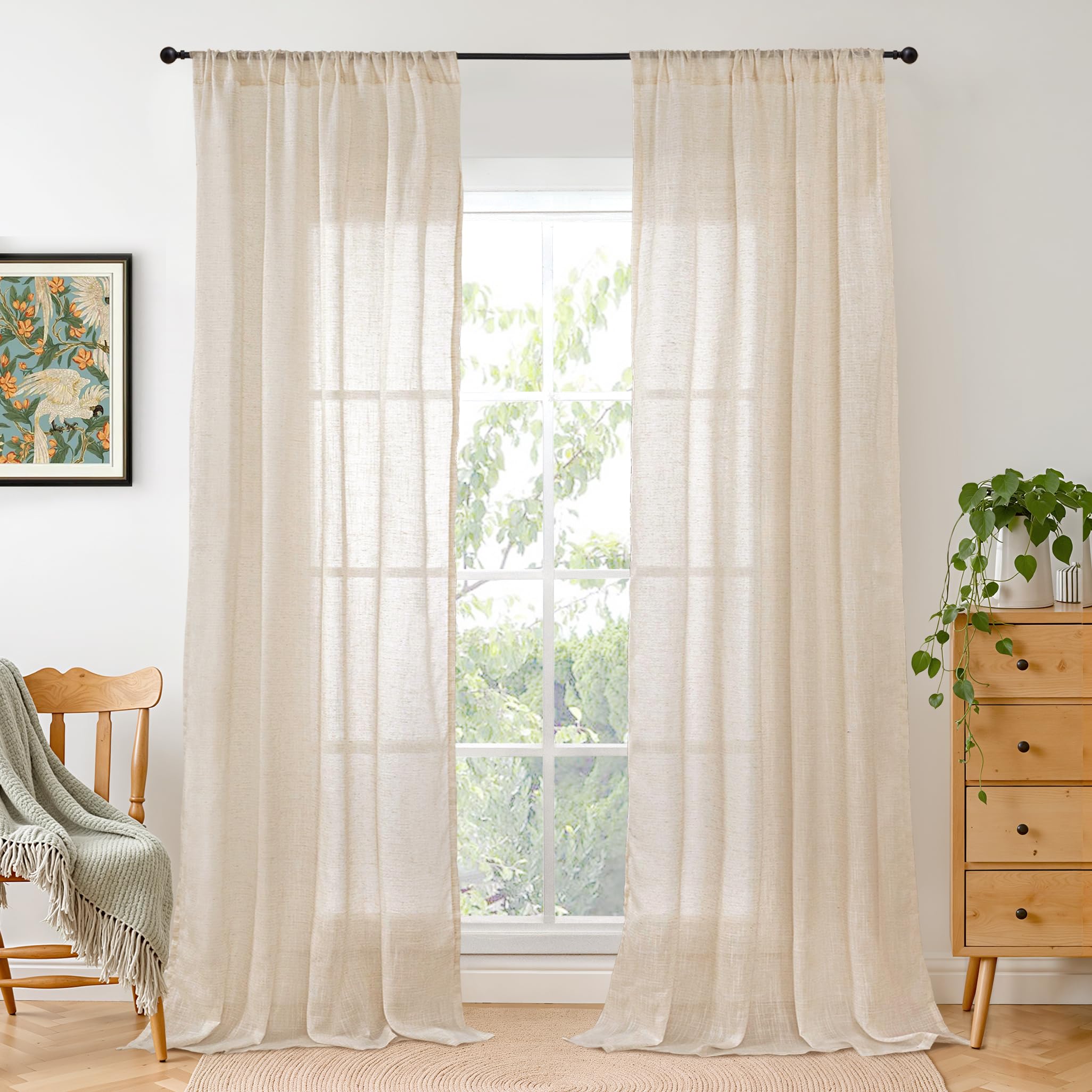 BGment 80 Inches Long Natural Linen Curtains 2 Panels Set - Burlap Light Filtering Window Drapes with Rod Pocket Semi Sheer for Farmhouse Bedroom Decor Rustic, 52 Inch Wide Each Panel