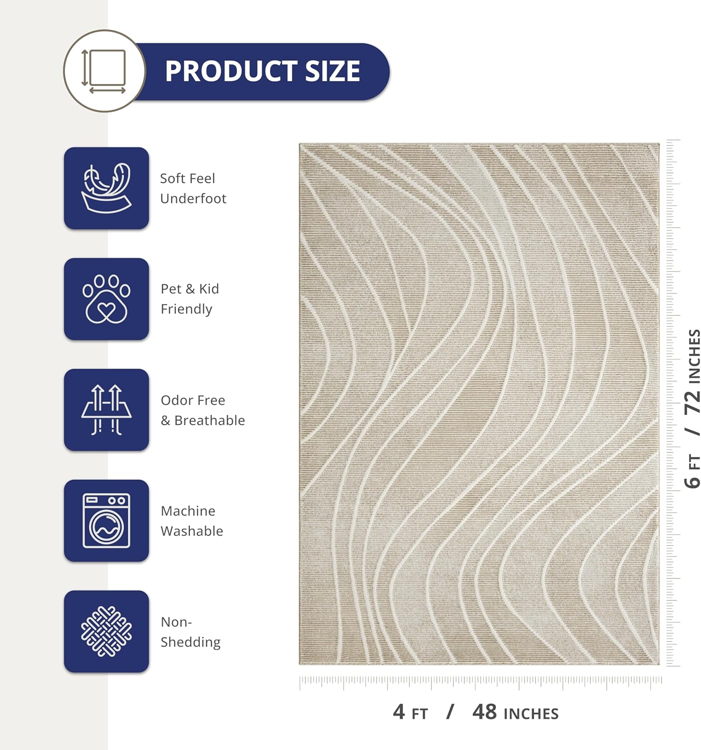 Abani Modern Geometric Wavy Area Rug - Cream, 4' x 6' - Chunky, Plush and Soft Washable Carpet - Perfect for Living Room & Bedroom - Plush Deco Collection