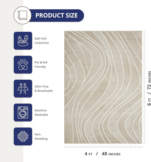 Abani Modern Geometric Wavy Area Rug - Cream, 4' x 6' - Chunky, Plush and Soft Washable Carpet - Perfect for Living Room & Bedroom - Plush Deco Collection