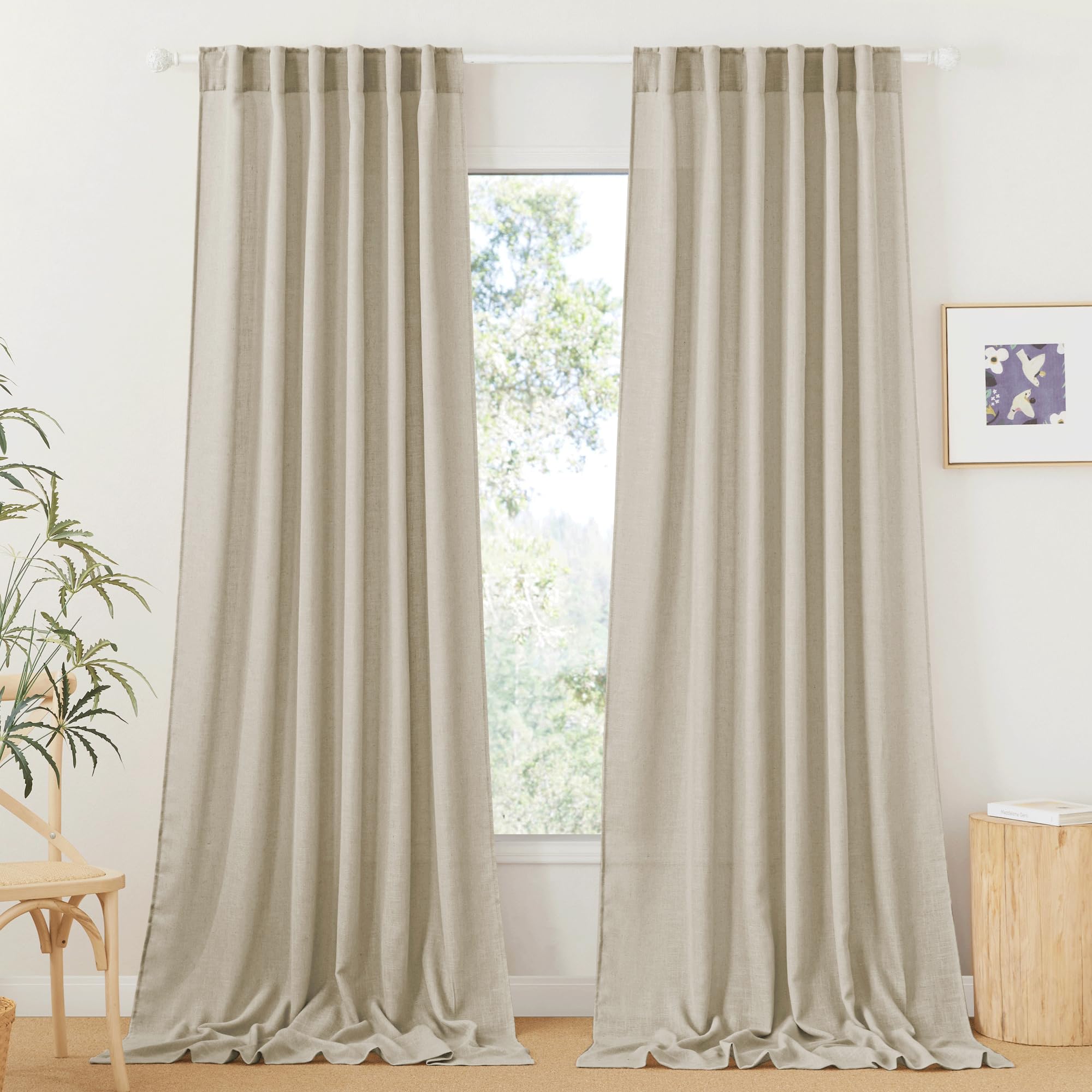RYB HOME Semi Sheer Curtains - Linen Blend Privacy Curtains Sheer Window Treatment Drapes Farmhouse Decor for Bedroom Living Room Sliding Glass Door, 52 inch Wide x 95 inch Long 2 Panels, Linen