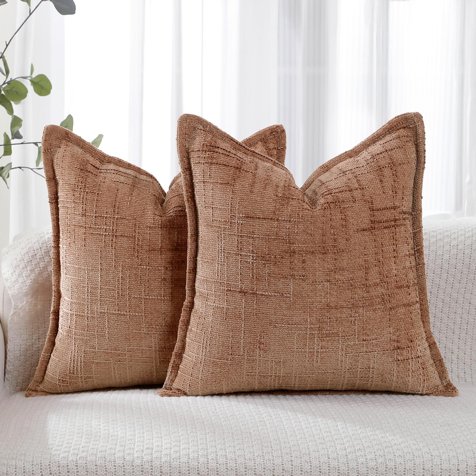 HPUK Decorative Throw Pillow Covers Set of 4 Geometric Design Linen Cushion Cover for Couch Sofa Living Room, 18"x18" inches, Golden Brown