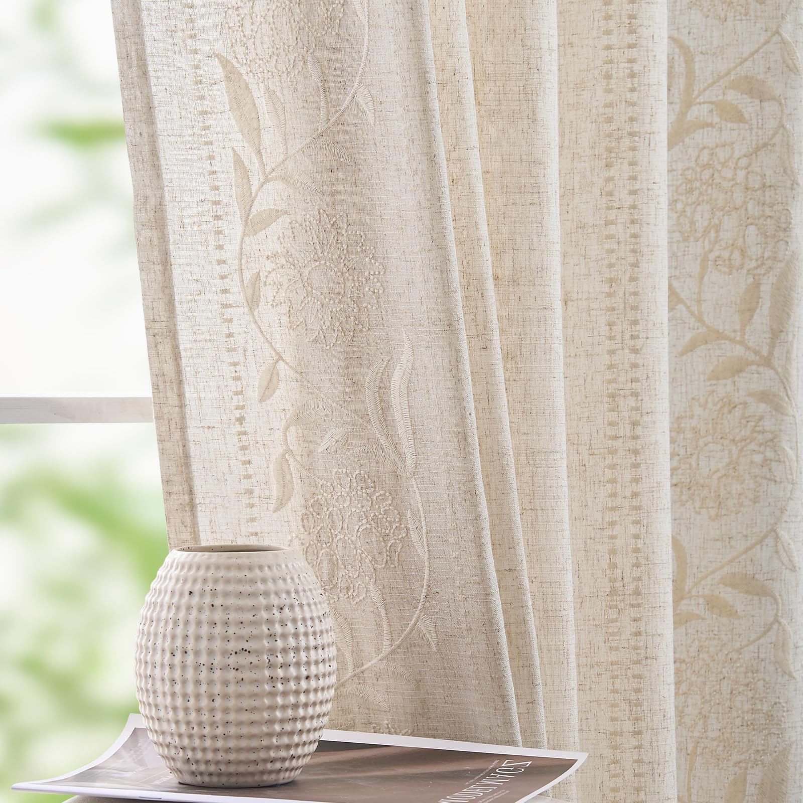 jinchan Winslow Linen Curtains for Bedroom 84 Inches Length Embroidered Bordered Floral Curtains for Living Room Farmhouse Decor Light Filtering Window Treatments Blue on Beige Drapes 2 Panels